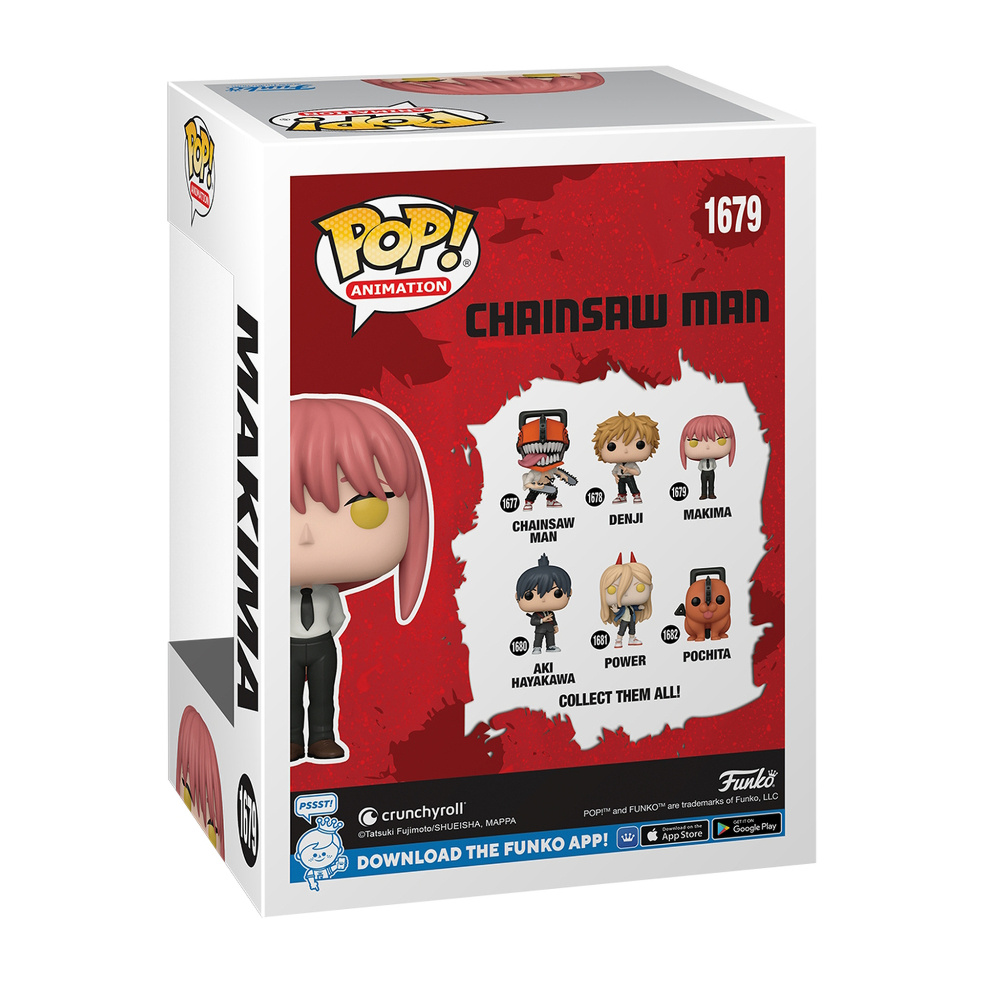 Eine Funko Pop-Box zeigt Makima, Chainsaw Man-Figuren und das Pop!-Logo. Text enthält 'Sammelt sie alle!' und 'Funko App herunterladen!'