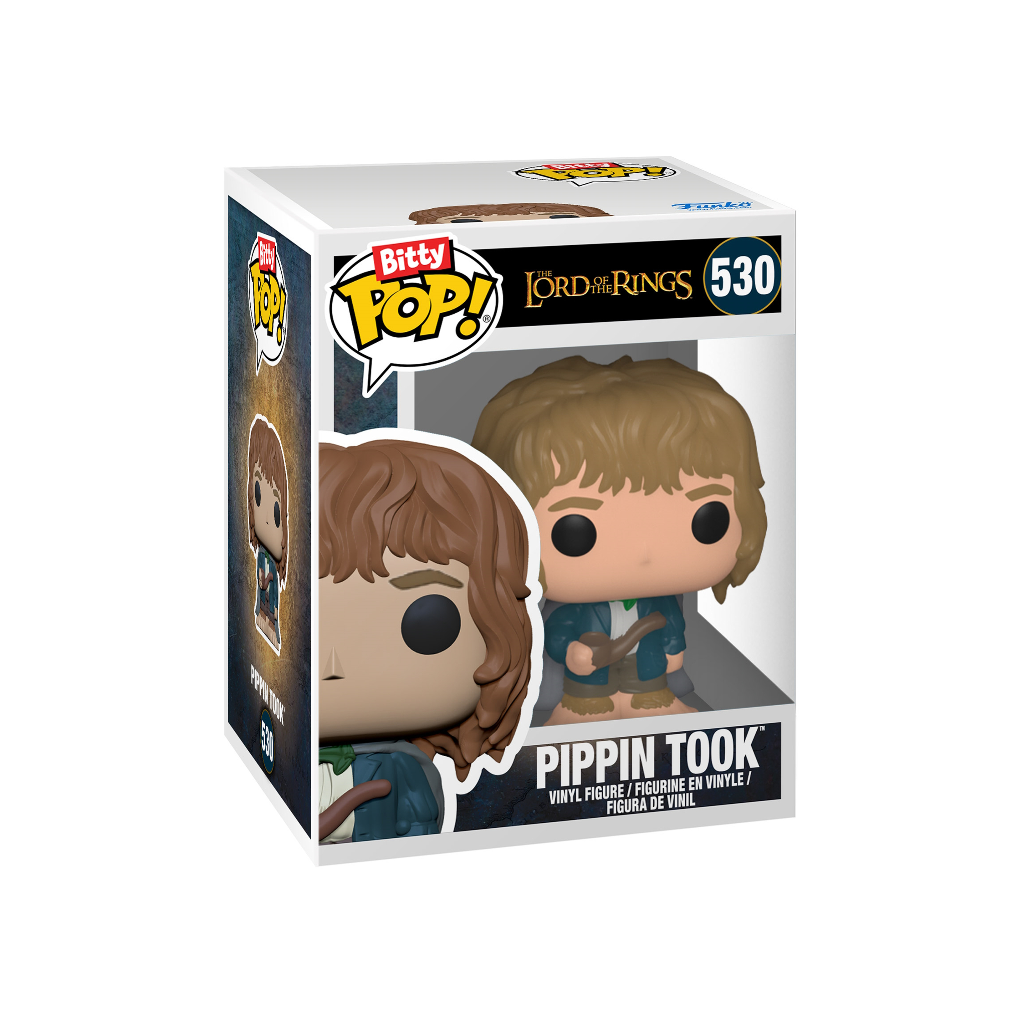 Eine Funko Pop-Box mit einer Pippin Took-Figur. Die Box ist weiß mit Bildern der Figur und Text.
