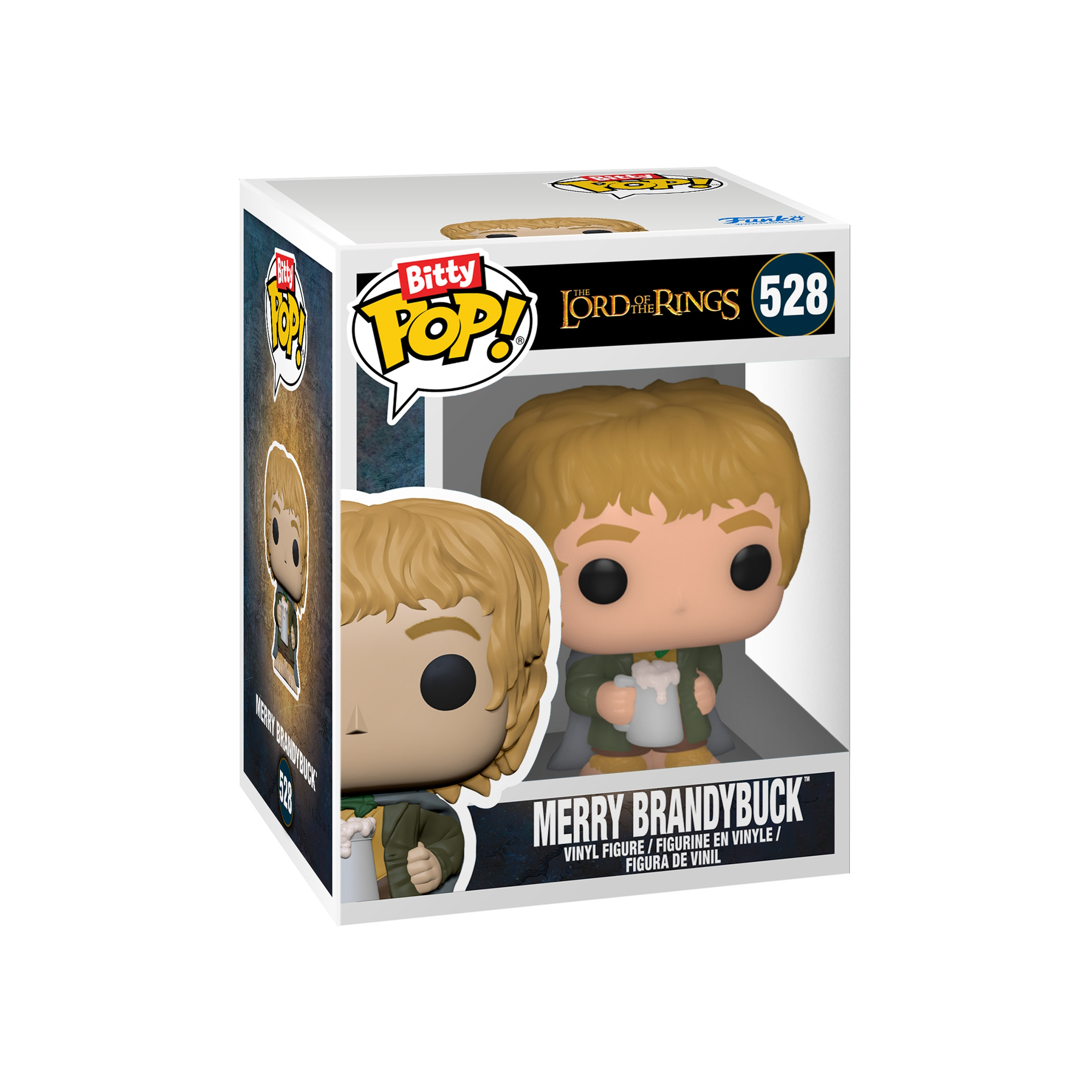 Eine Funko Pop! Box mit Merry Brandybuck, der einen Krug hält. Die Box ist weiß mit Bildern und Text.