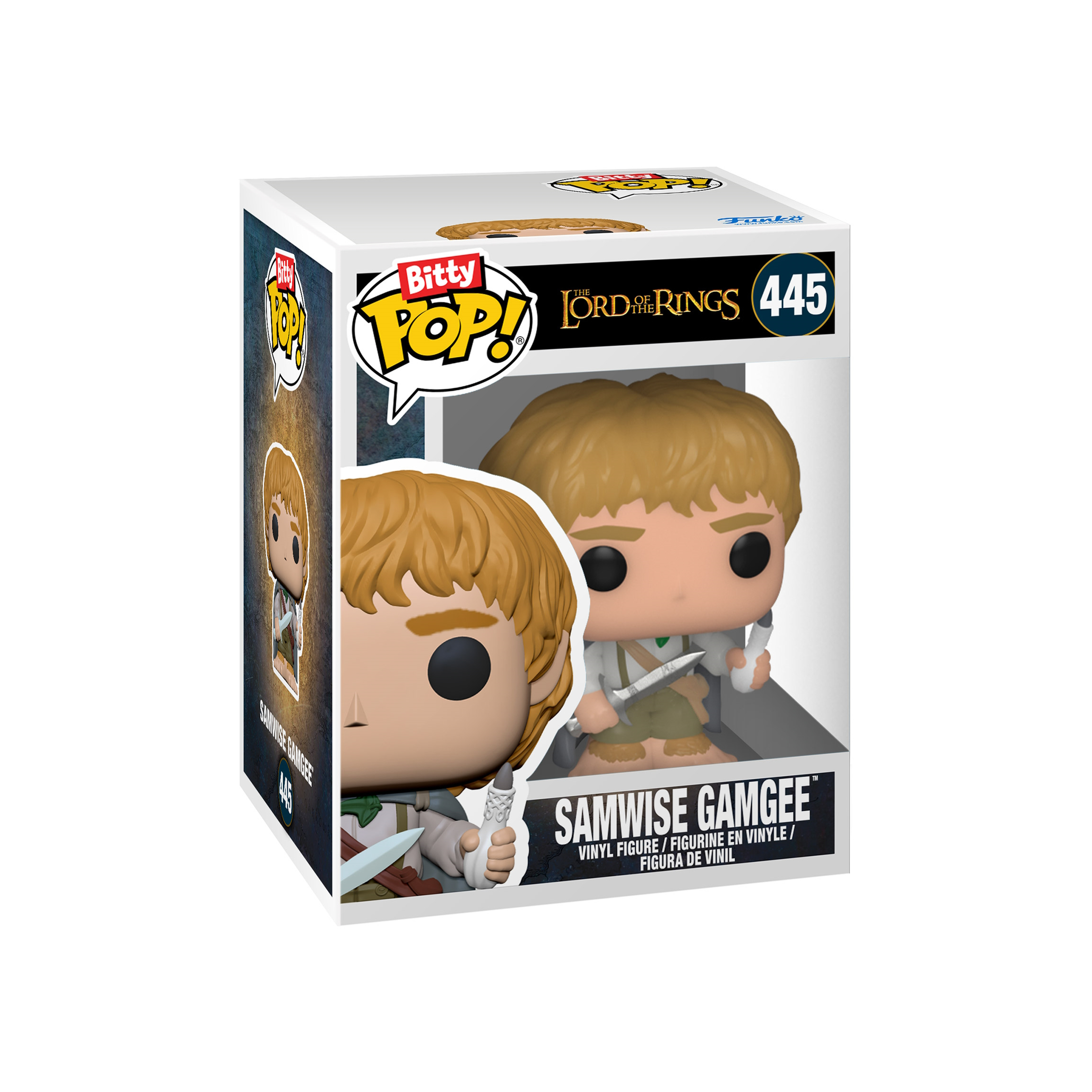 Eine Funko Pop-Box mit Samweis Gamdschie aus Herr der Ringe. Die Figur hält ein Messer und ein weißes Objekt.