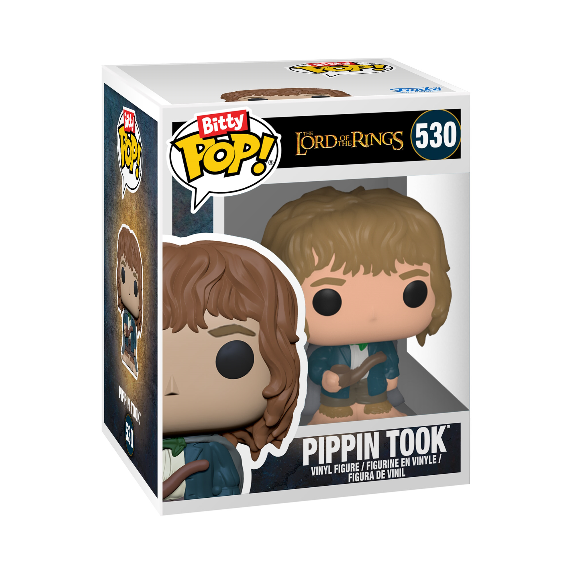 Verpackte Funko Pop Figur von Pippin Took. Die Figur befindet sich in einer Box mit dem Branding von Herr der Ringe.