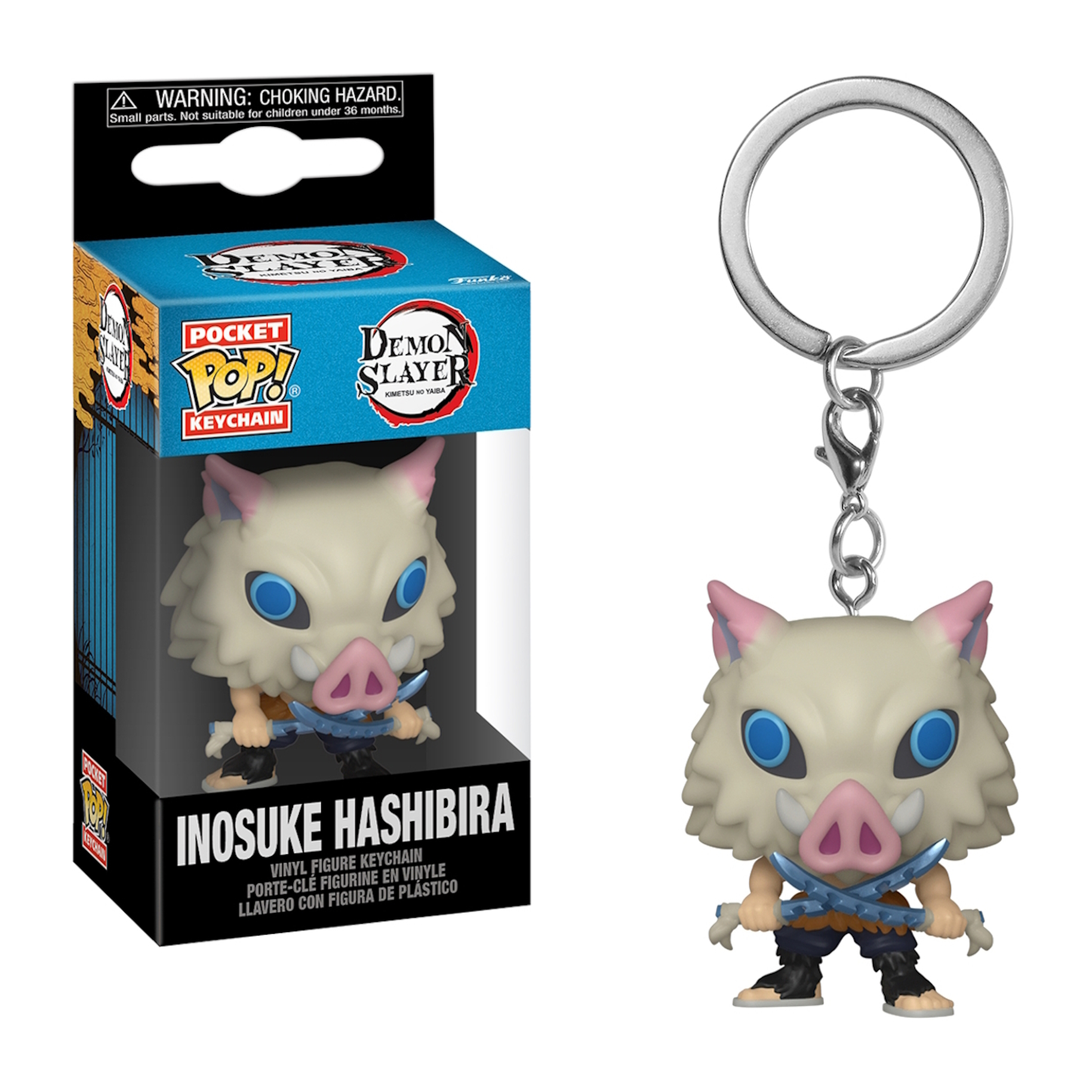Ein Schlüsselanhänger mit Inosuke Hashibira von Demon Slayer. Es ist eine Pocket Pop-Figur mit Schweinemaske, die Schwerter hält.