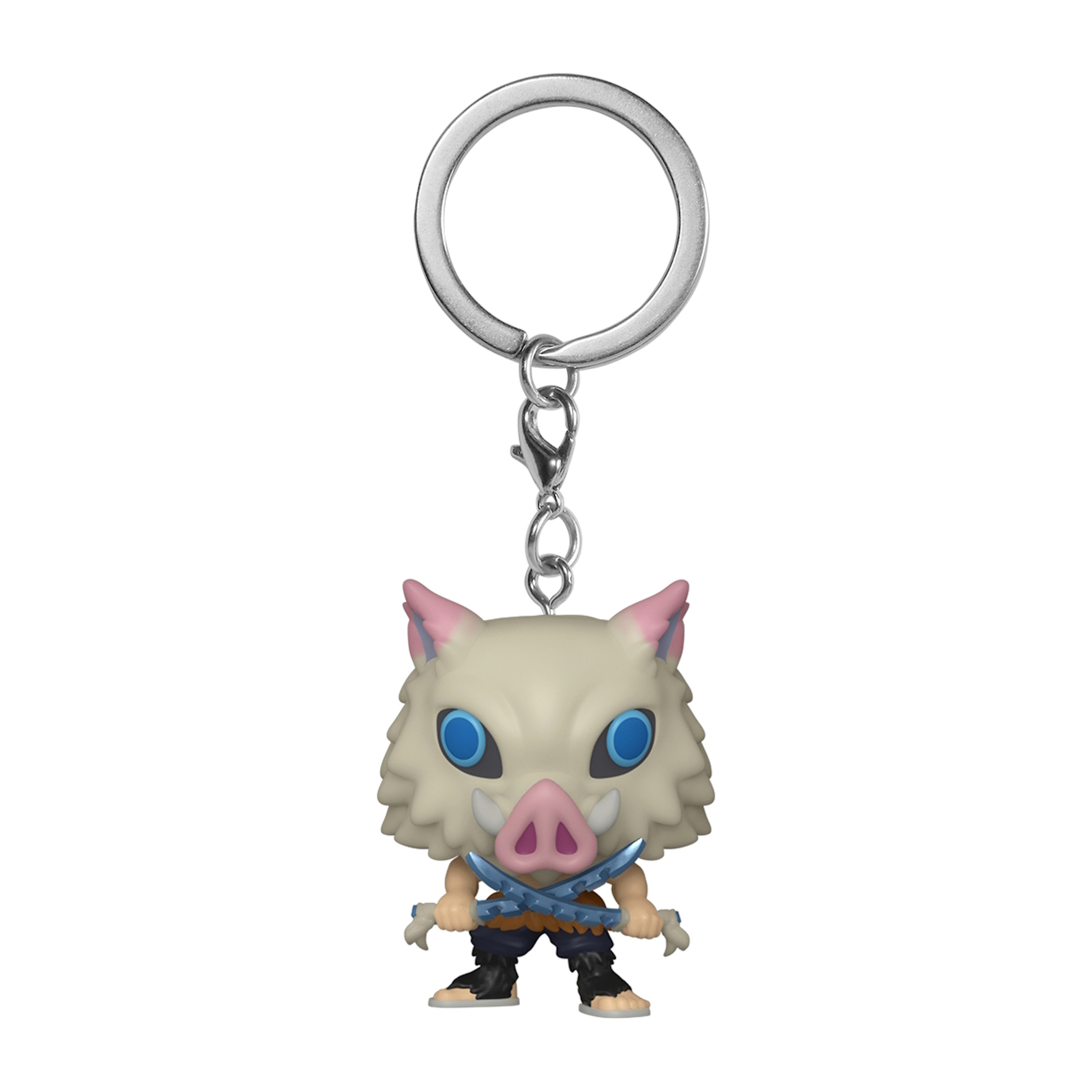 Schlüsselanhänger mit einer Figur von Inosuke Hashibira aus Demon Slayer. Er hat einen Eberkopf, blaue Augen und hält zwei Schwerter.