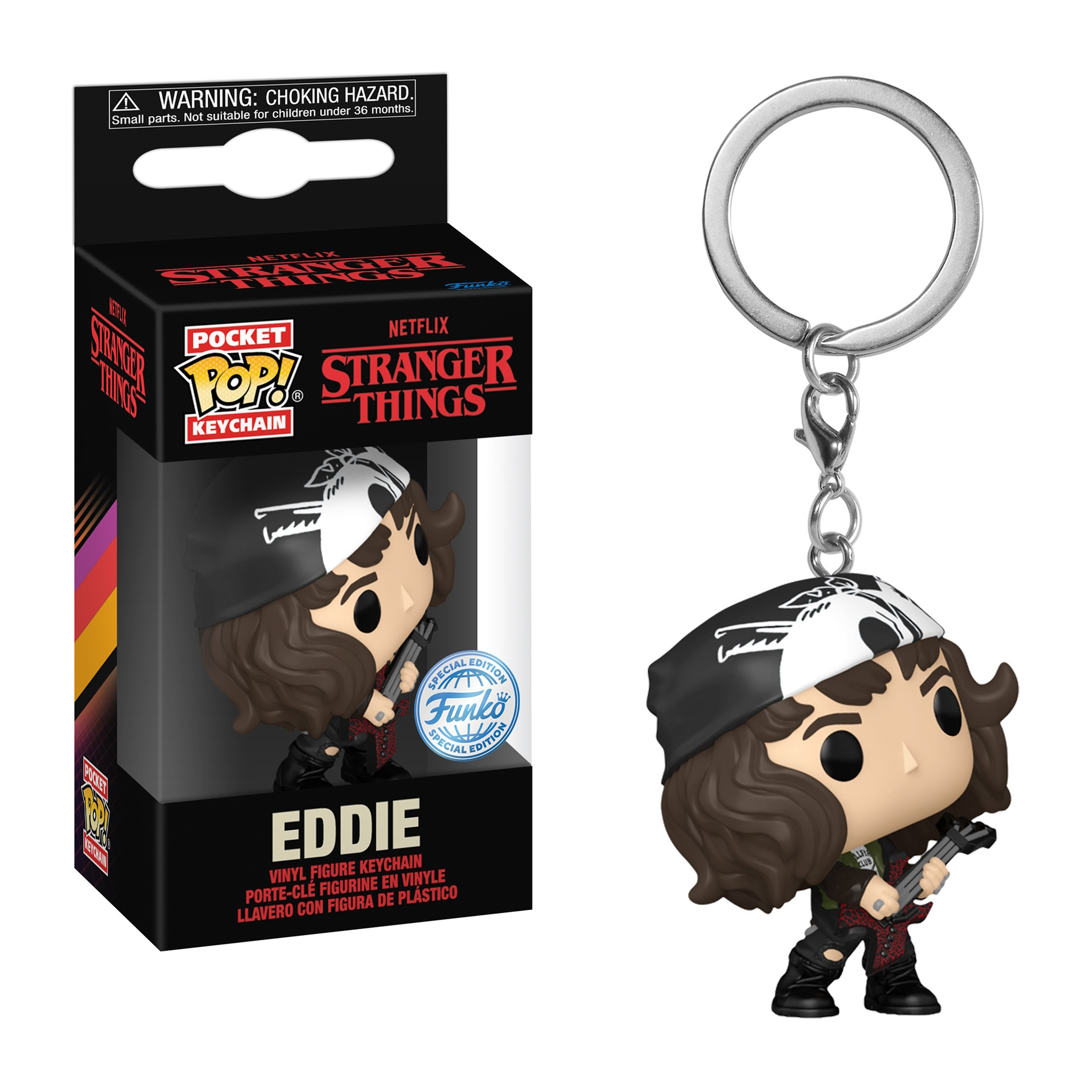 Ein Stranger Things Eddie Schlüsselanhänger. Die Figur ist schwarz und rot, mit einer Gitarre. Die Box ist schwarz mit rotem Text.