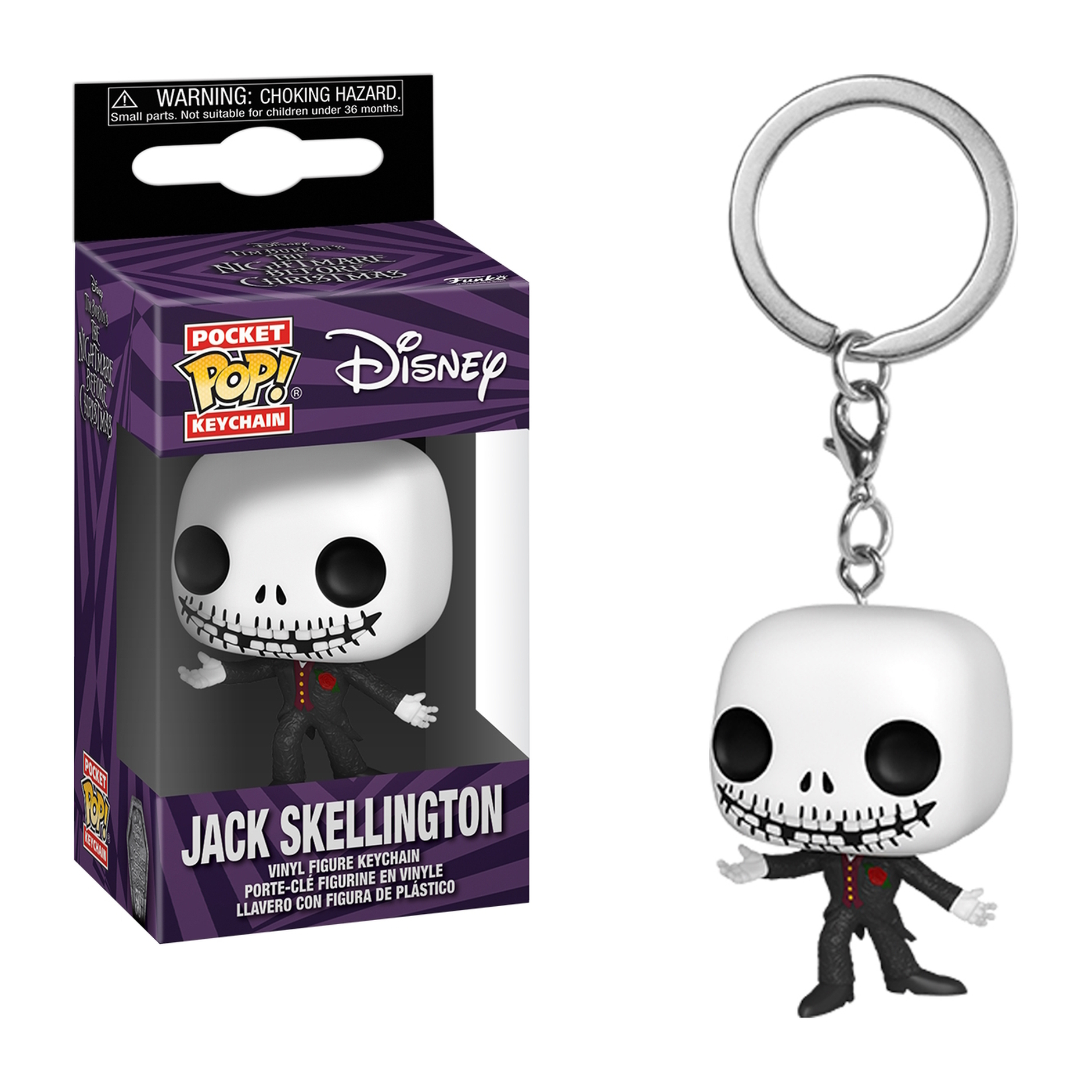 Portachiavi di Jack Skellington. Una figura di scheletro dalla testa bianca in abito nero con papillon rosso, accanto alla sua scatola.
