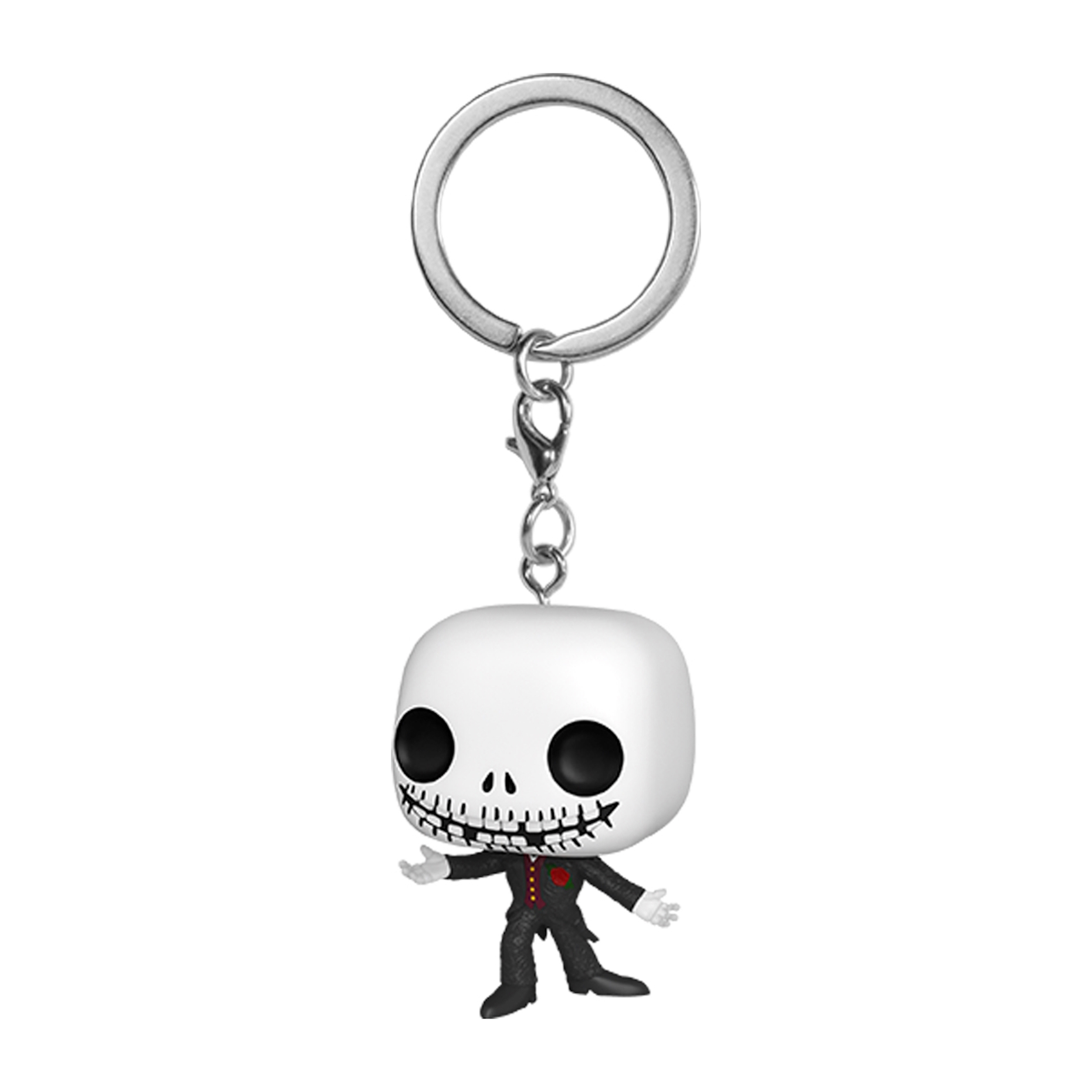 Un portachiavi di Jack Skellington. La figura ha una testa bianca con occhi neri e un abito nero. Portachiavi argentato.