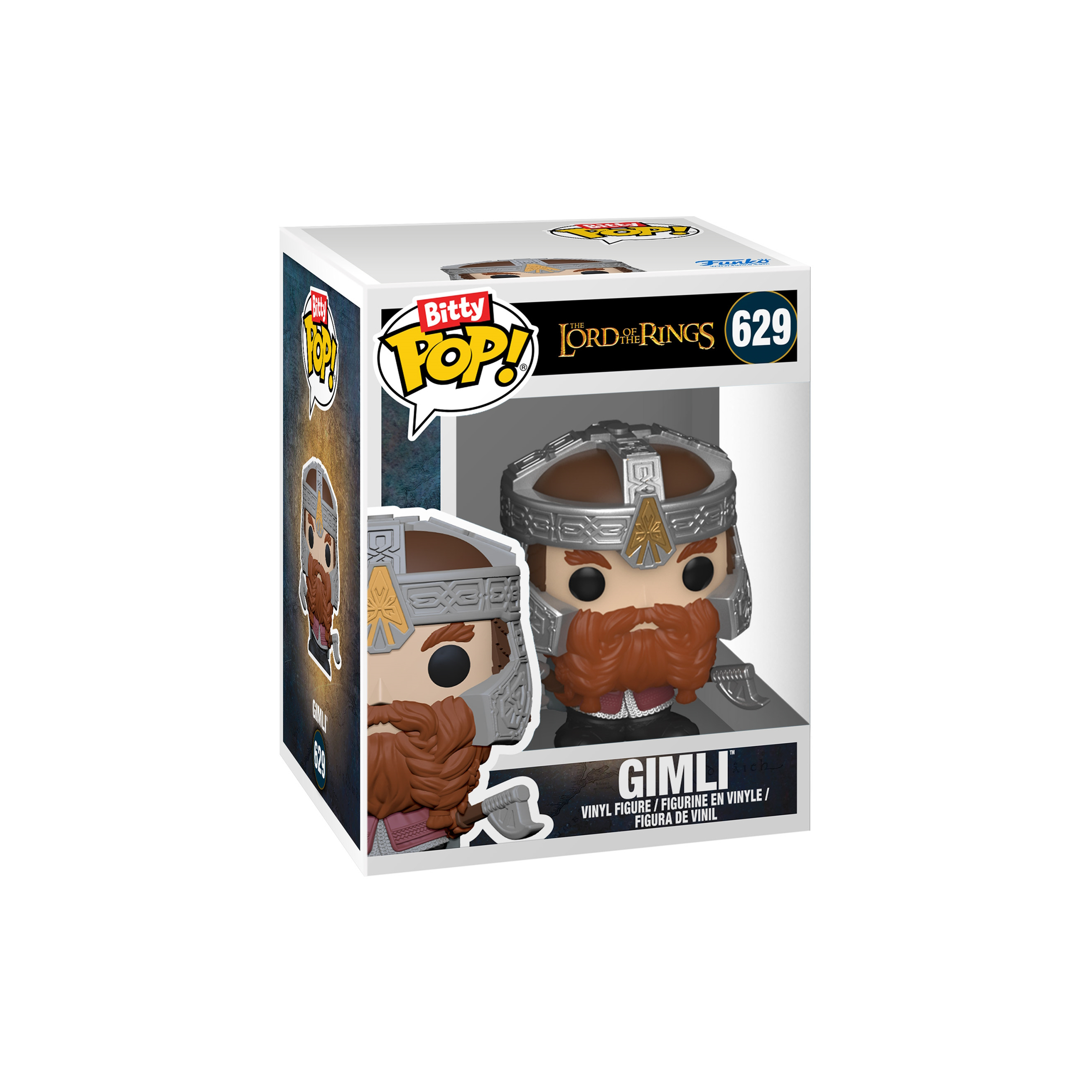 Eine Funko Pop-Box zeigt Gimli aus Herr der Ringe. Die Figur hat einen roten Bart, Helm und eine kleine Axt.