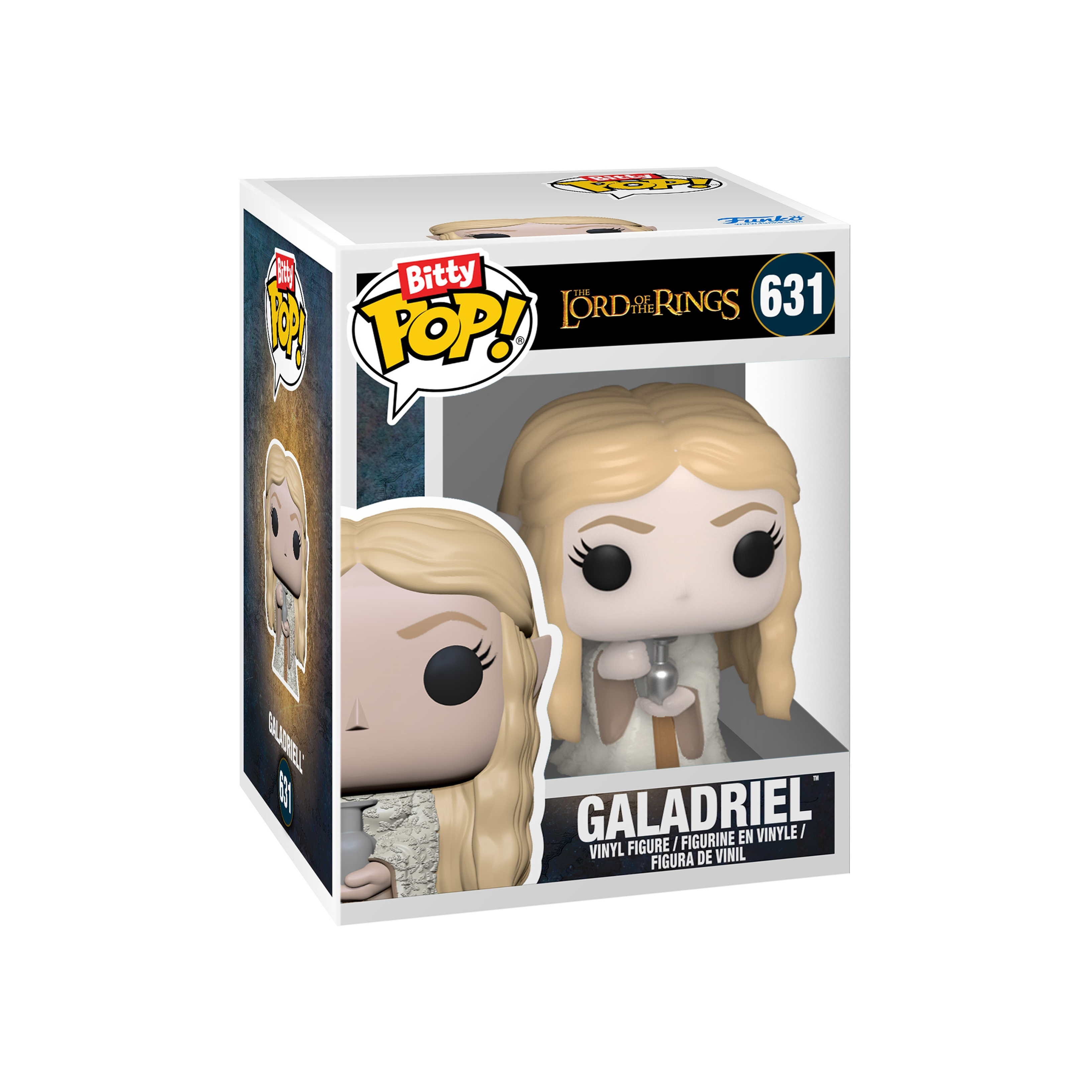 Eine Funko Pop-Box mit Galadriel-Figur. Auf der Box befinden sich Logos von Bitty Pop, Lord of the Rings und Funko.
