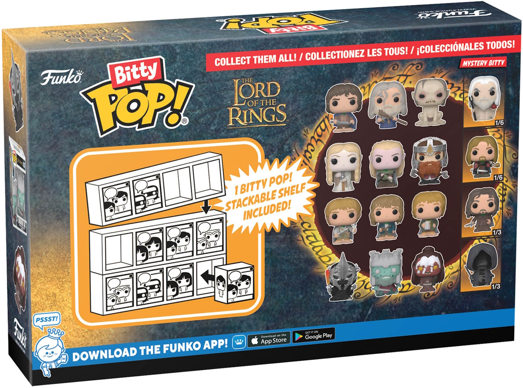 Box-Art für Funko Bitty Pop! Figuren aus Der Herr der Ringe. Zeigt verschiedene Charaktere, Regal-Illustration und App-Download-Infos.