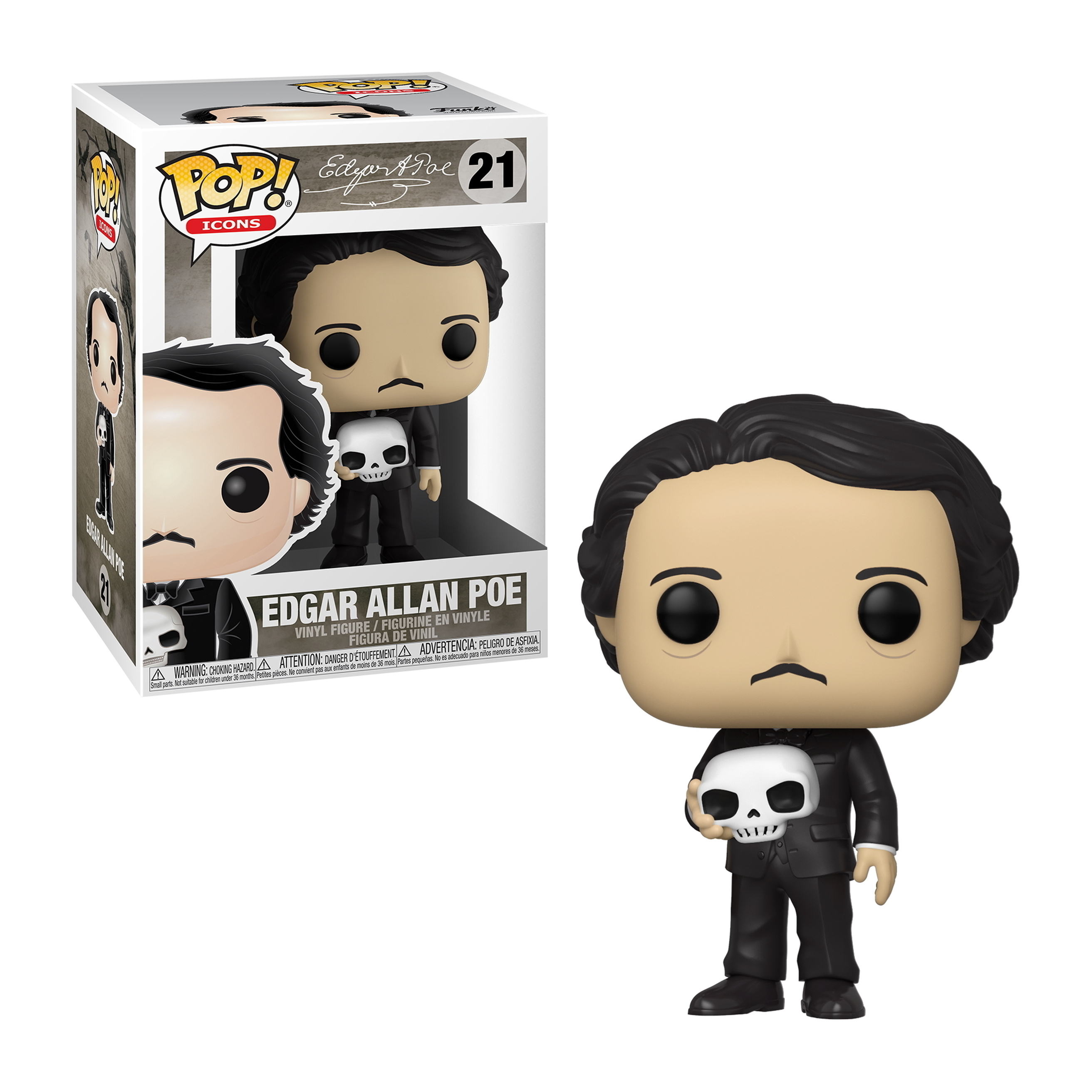 Eine Funko Pop-Figur von Edgar Allan Poe, der einen Schädel hält. Die Figur befindet sich in einer Box und auch außerhalb davon.
