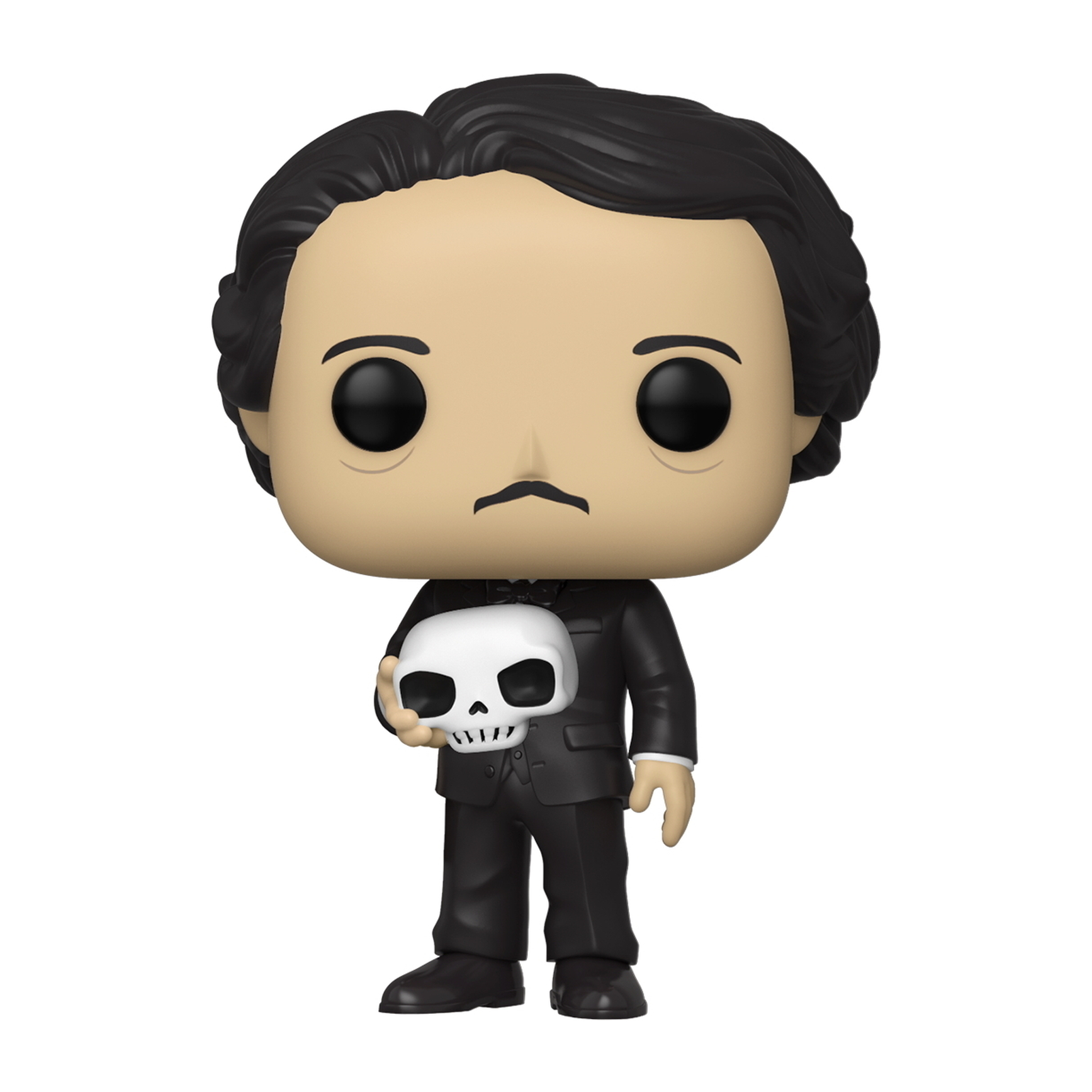 Eine Funko Pop-Figur von Edgar Allan Poe, der einen Schädel hält und einen schwarzen Anzug mit Fliege trägt.