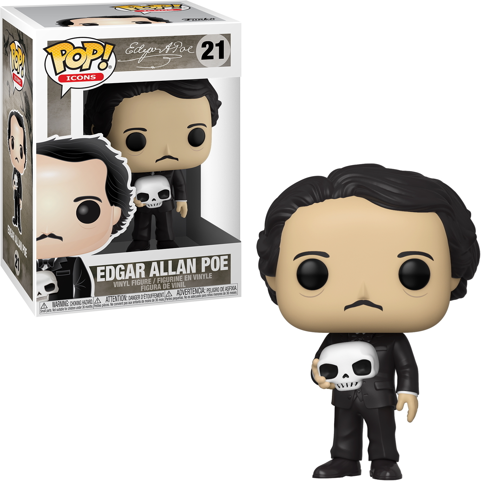 Eine Funko Pop-Figur von Edgar Allan Poe, der einen Schädel hält und einen schwarzen Anzug trägt. Die Figur befindet sich in einer Box.