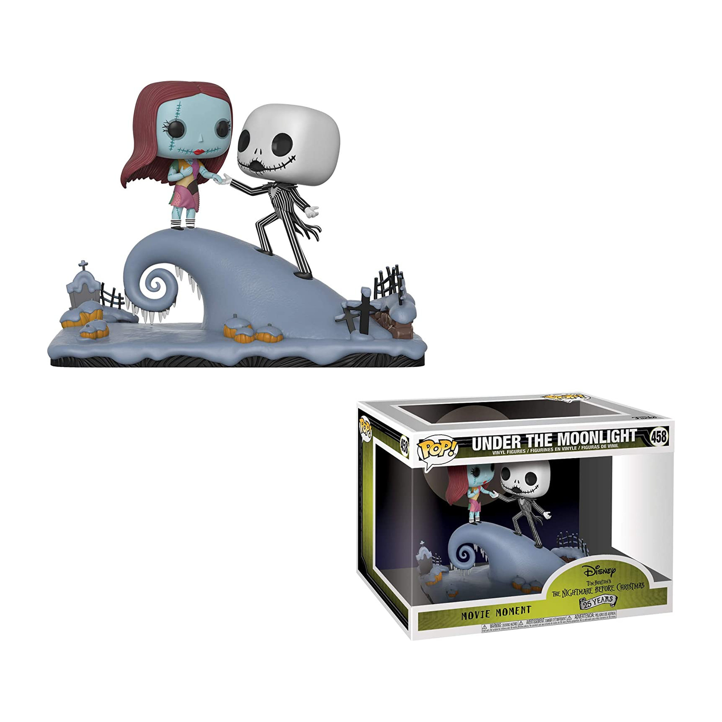 Figuras de Jack y Sally en una colina gris con calabazas y un cementerio. Una caja con la misma imagen.