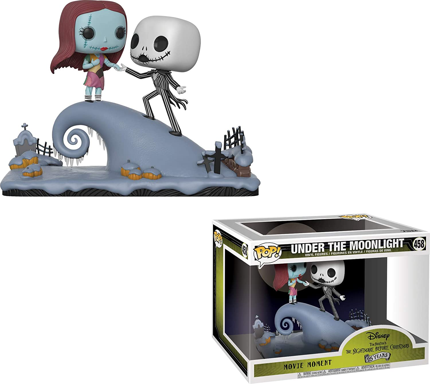 Un set de figuras Funko Pop! con Sally y Jack Skellington en un paisaje gris ondulado con calabazas y lápidas.
