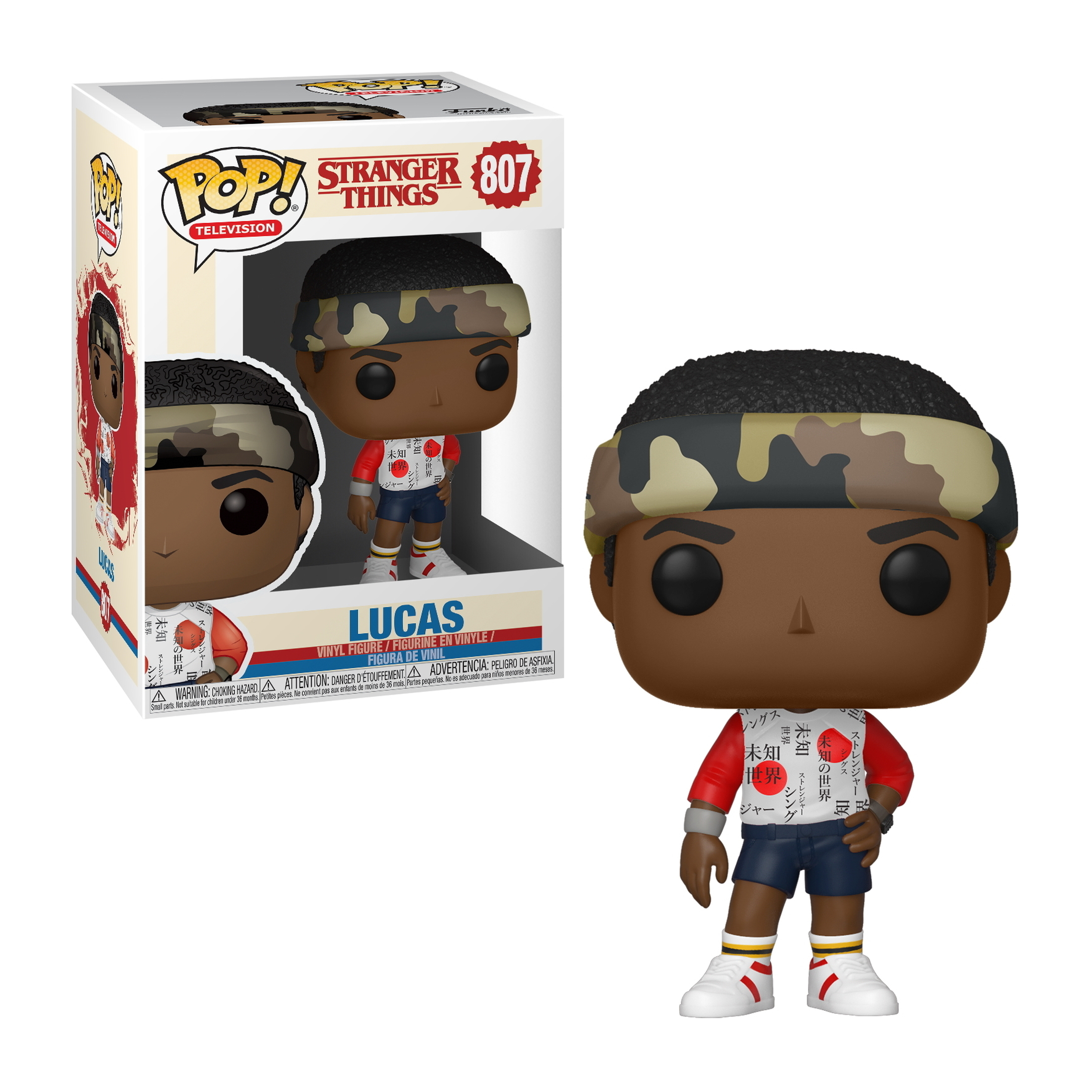 Funko Pop Figur von Lucas aus Stranger Things. Er trägt ein rotes Hemd, blaue Shorts und ein Camo-Stirnband.