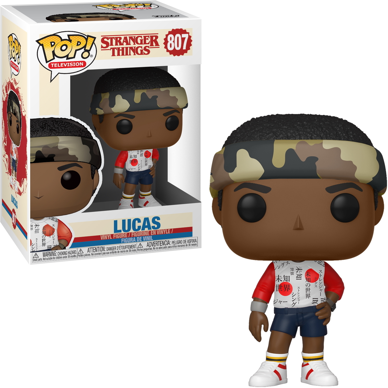 Eine Funko Pop Figur von Lucas aus Stranger Things. Er trägt ein rotes Hemd, blaue Shorts, ein Camouflage-Stirnband und weiße Turnschuhe.