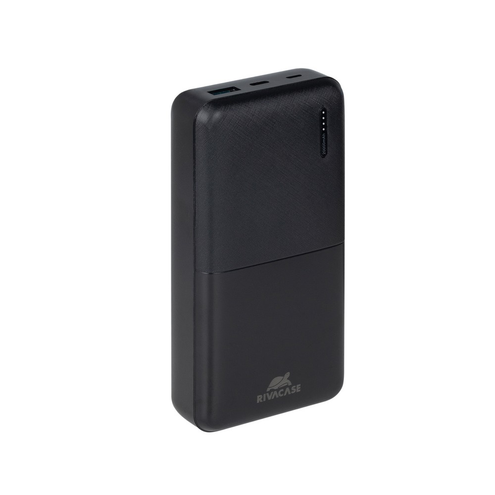 Un power bank Rivacase nero. Ha una parte superiore strutturata, una inferiore liscia e spie luminose. Su sfondo bianco.
