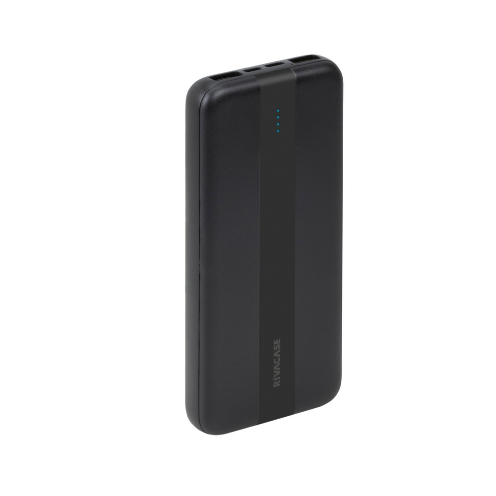 Un power bank Rivacase nero. Include porte di ricarica, spie di stato e una striscia verticale al centro.