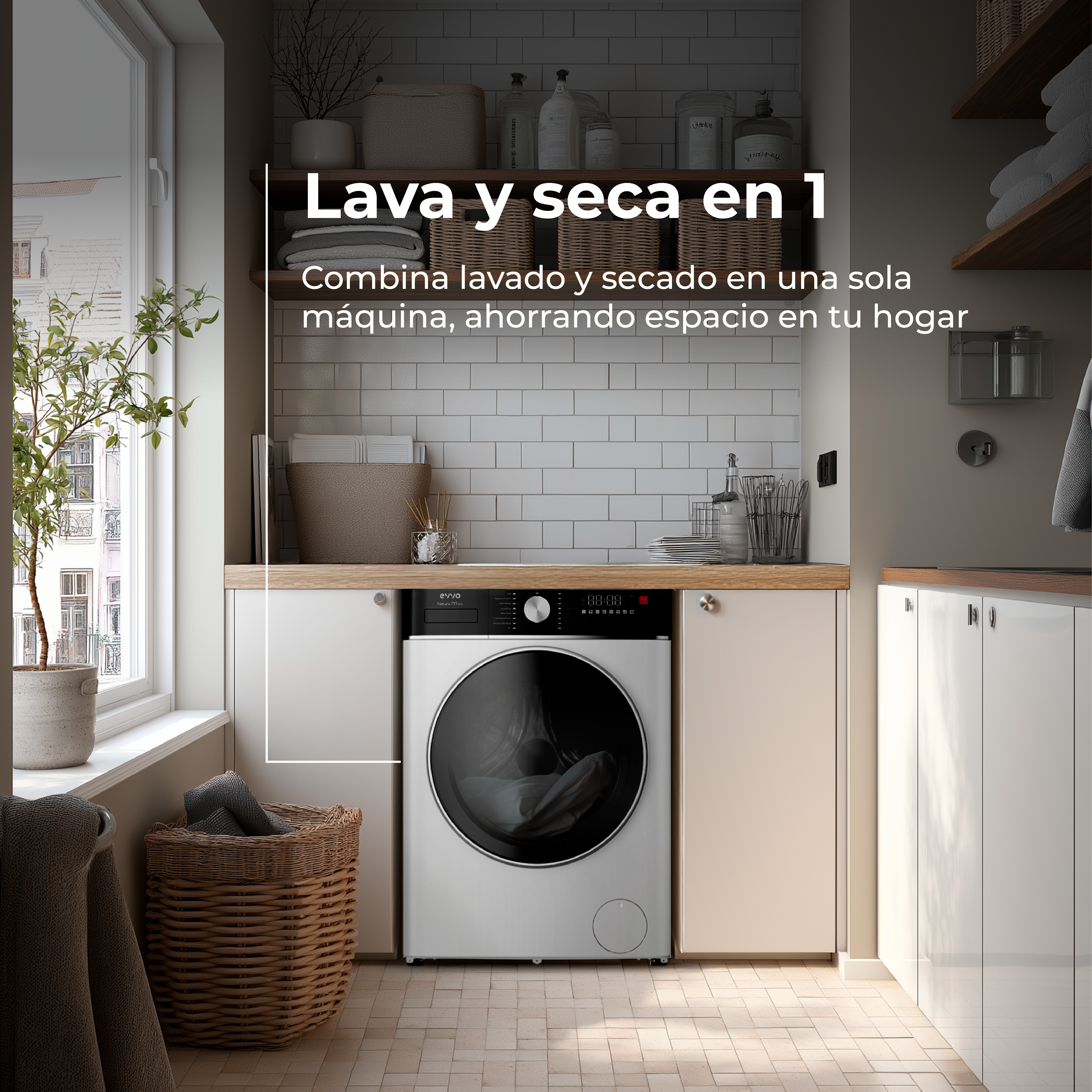 Un lavadero moderno con lavadora-secadora combinada, ventana y cesta de mimbre.