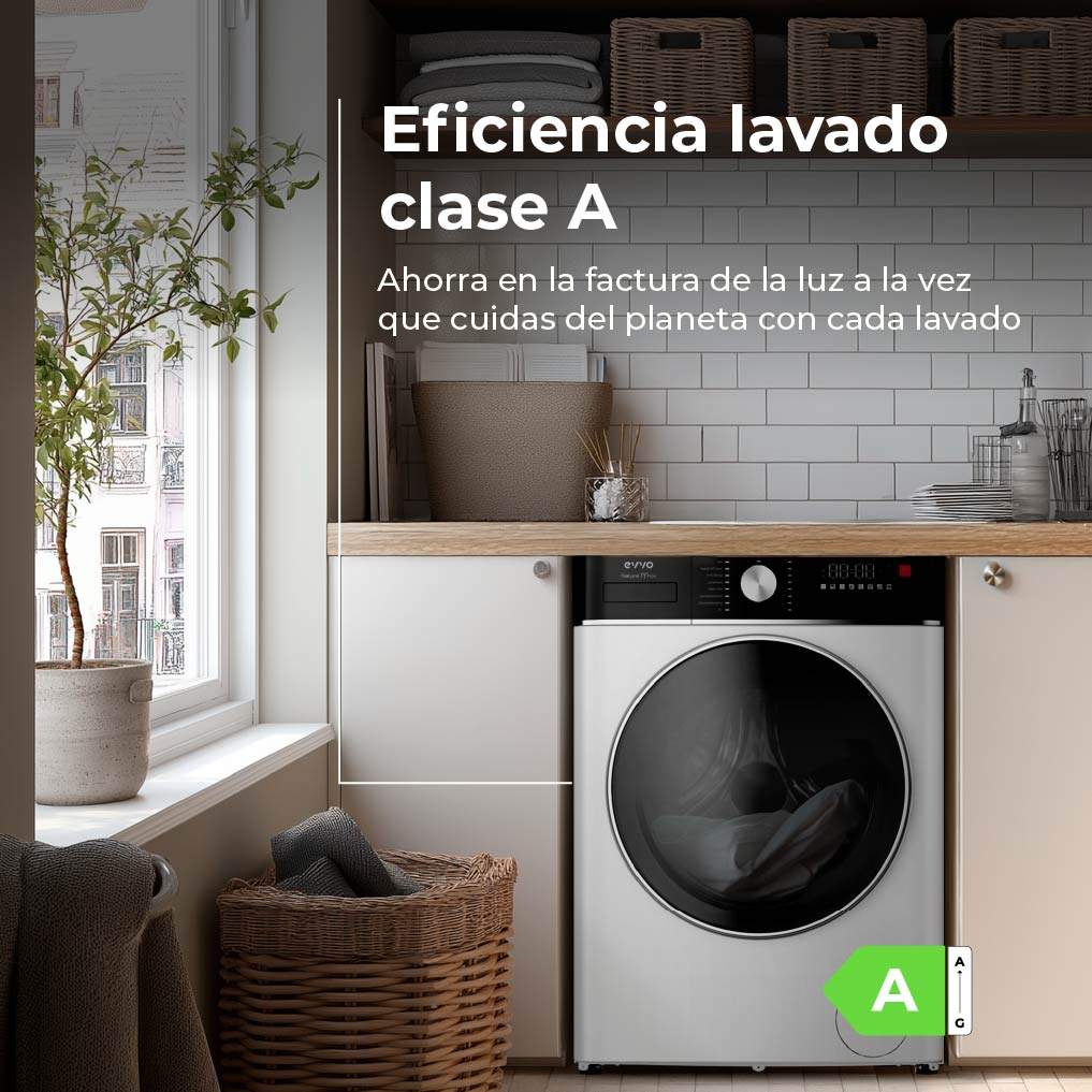 Lavadora en un moderno lavadero, con texto que indica la clase A de eficiencia. Hay una cesta y una planta.