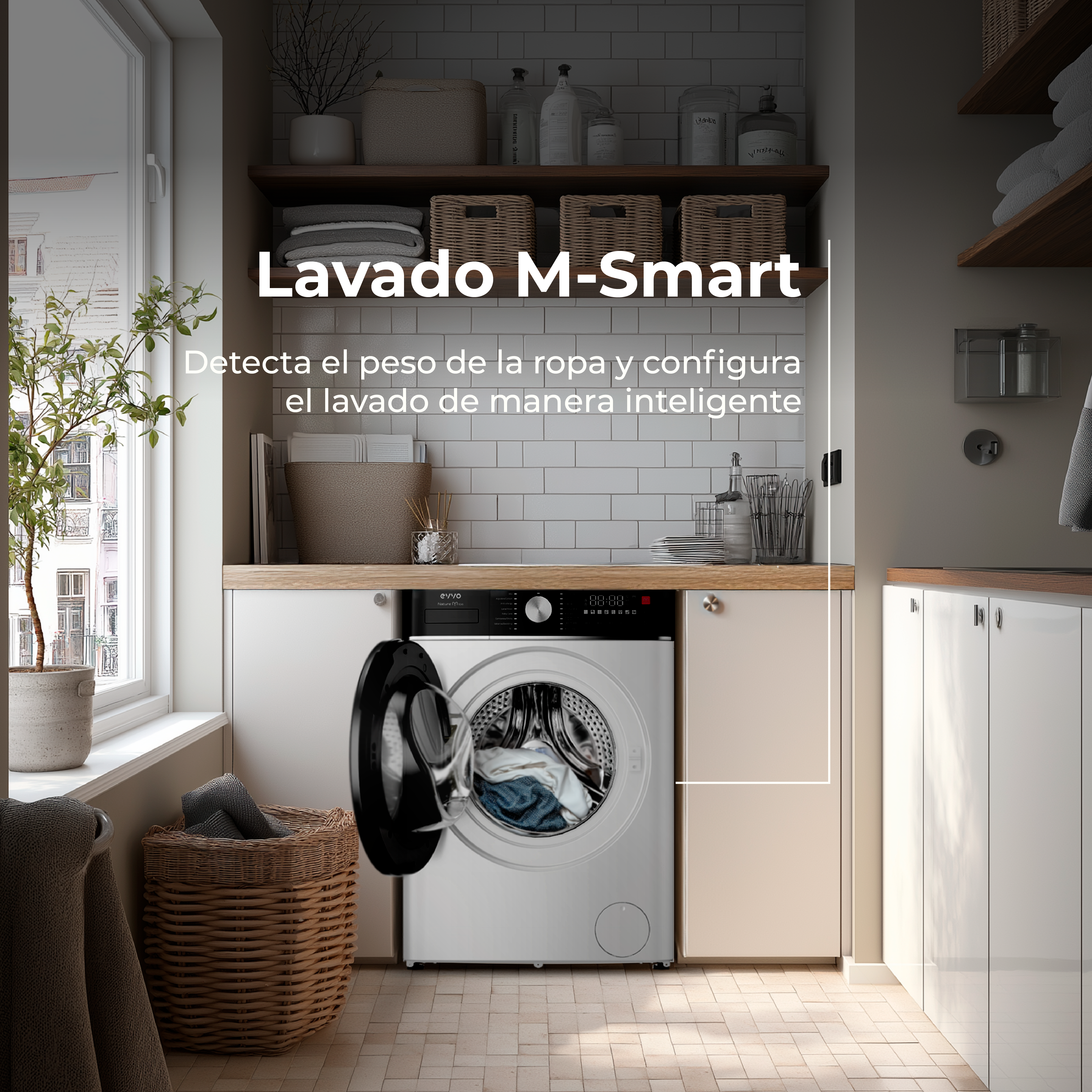 Una lavadora con la puerta abierta. El texto dice 'Lavado M-Smart'. Se ven una ventana, estantes y una cesta.