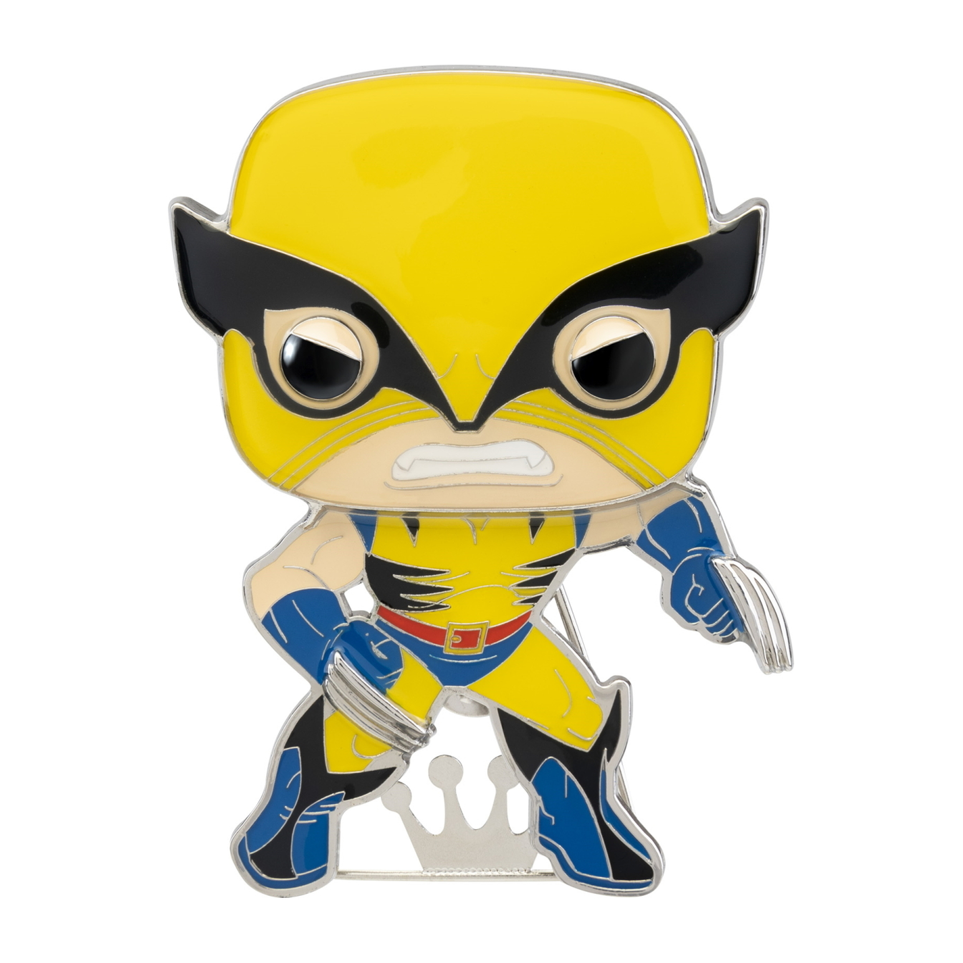 Wolverine-Anstecknadel. Gelbes und schwarzes Kostüm, blaue Akzente, silberne Krallen. Ein Kronensockel. Weißer Hintergrund.