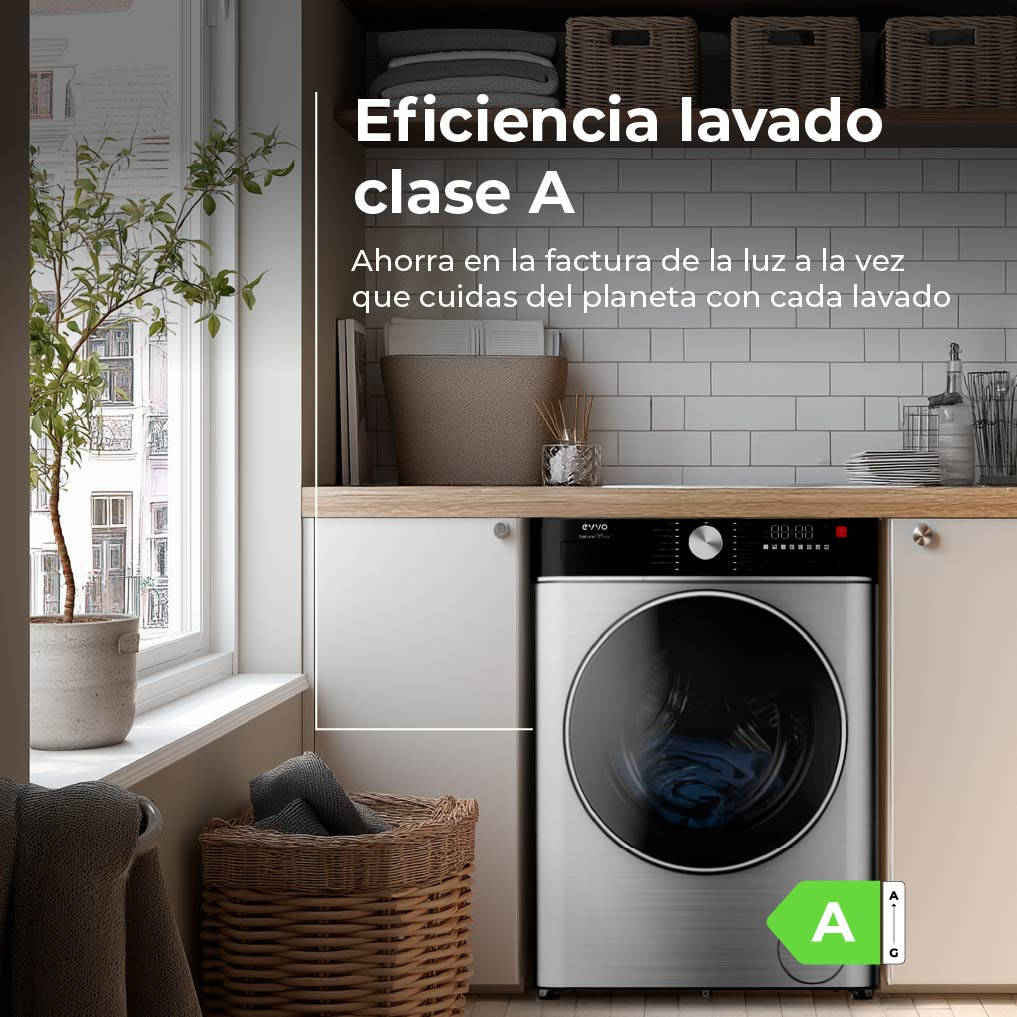 Una lavadora está en una cocina. Una planta y una cesta están a la izquierda. Texto: 'Eficiencia lavado clase A'.
