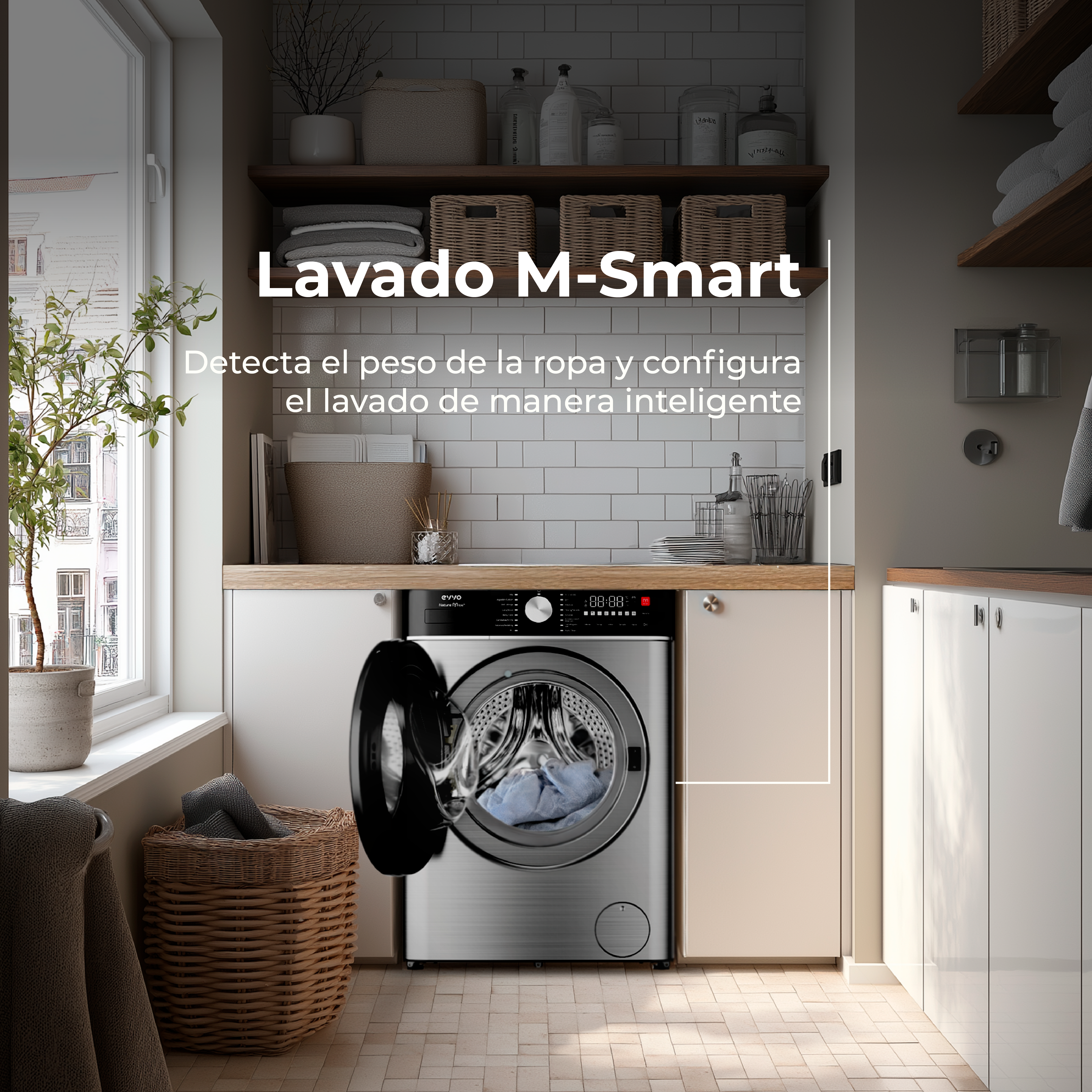 Una lavadora con la puerta abierta. La máquina está en un lavadero blanco con estantes de madera y una ventana.