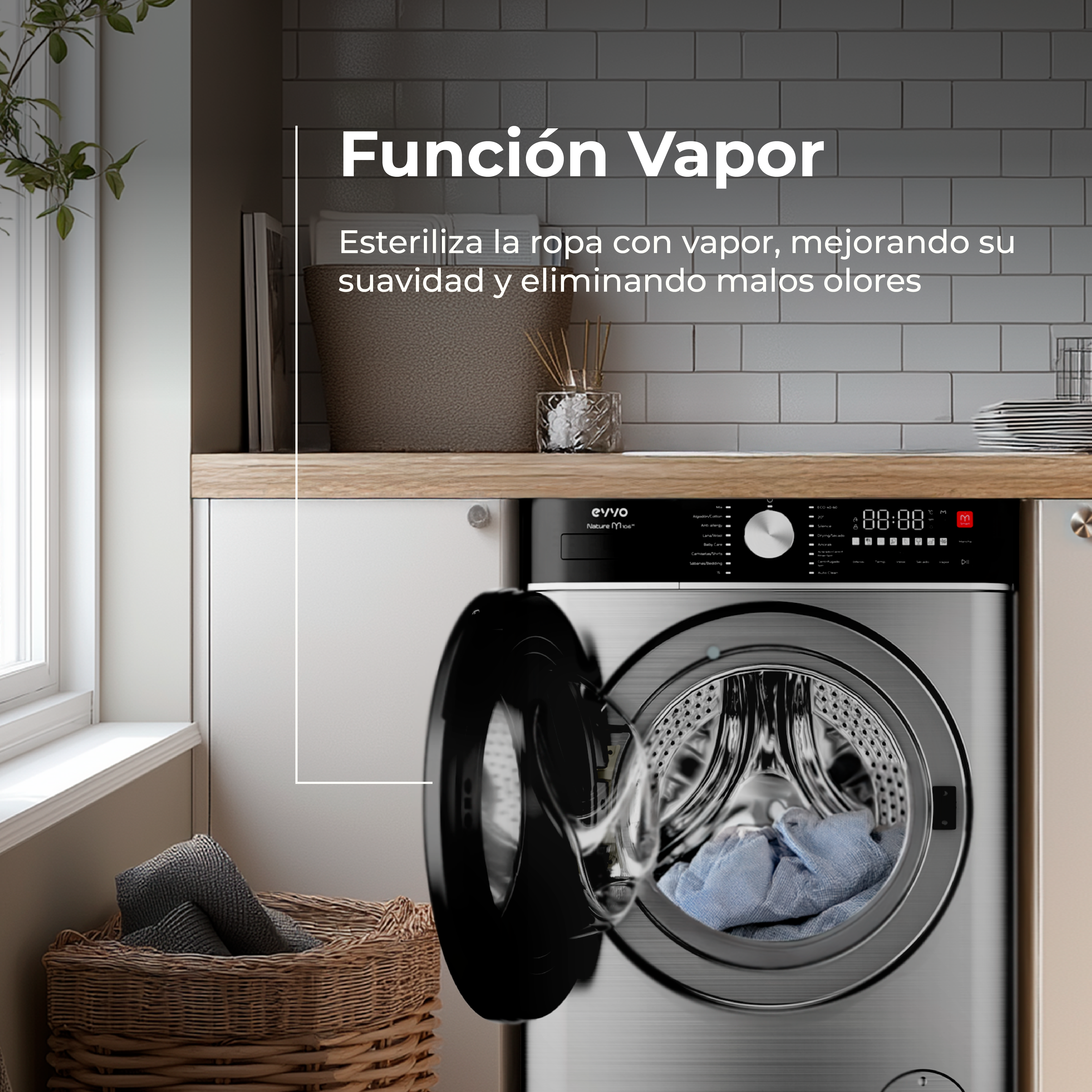 Lavadora con puerta abierta. Cesta con ropa en primer plano. Texto sobre función de vapor.