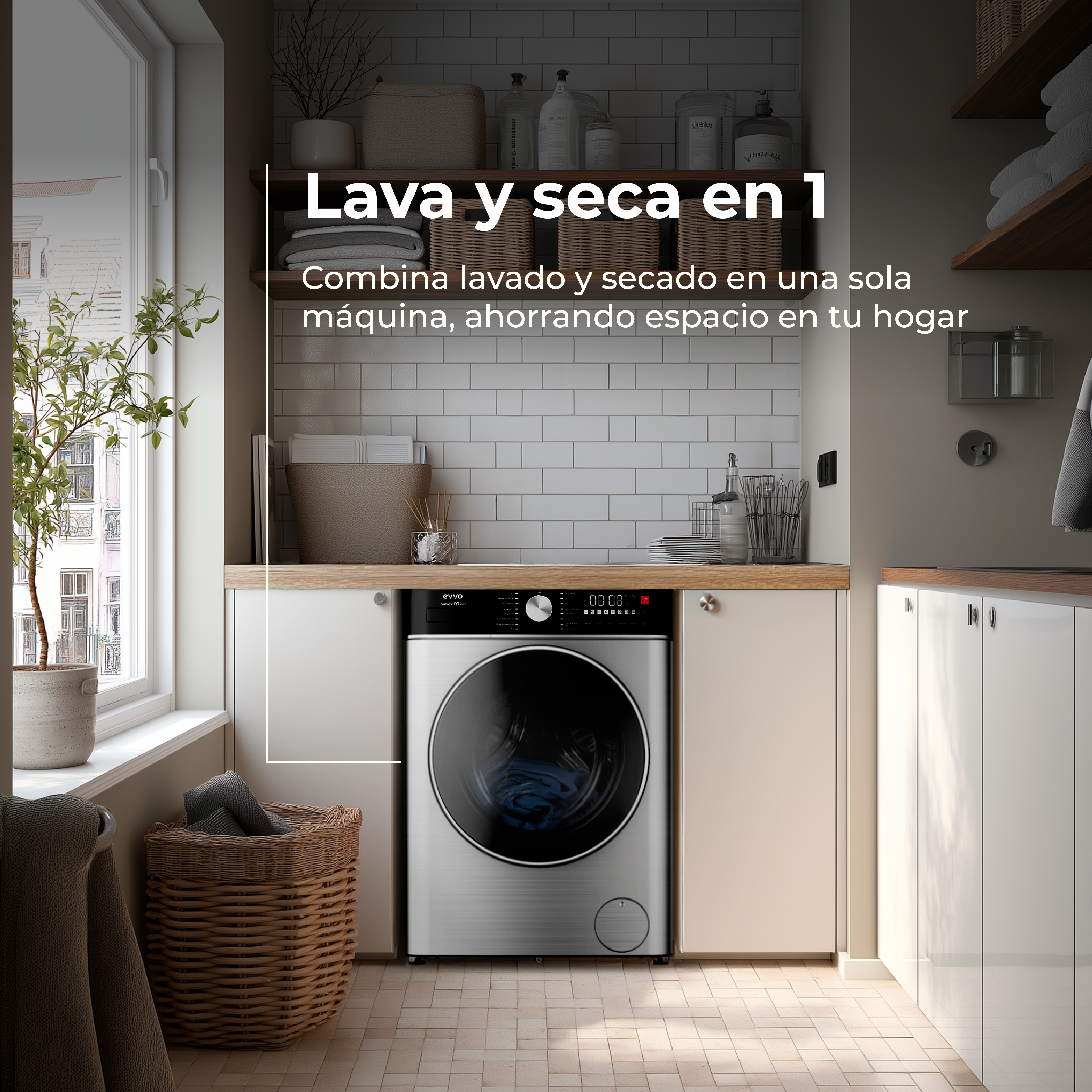 Un lavadero con una lavadora-secadora combinada, una ventana, una cesta de mimbre y una planta en maceta.