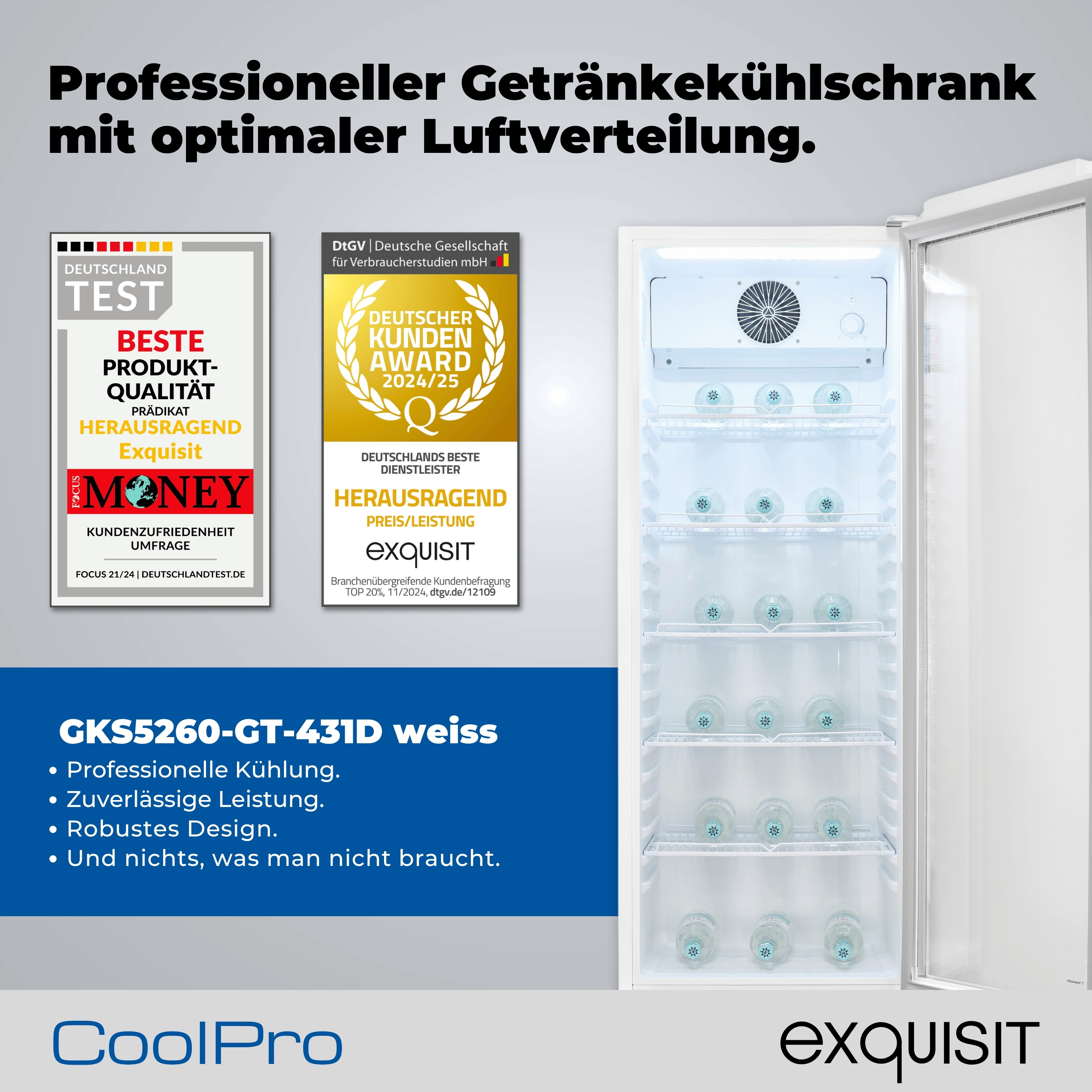 Ein weißer Kühlschrank mit Flaschenwasser, Auszeichnungen und Text zum Produkt.