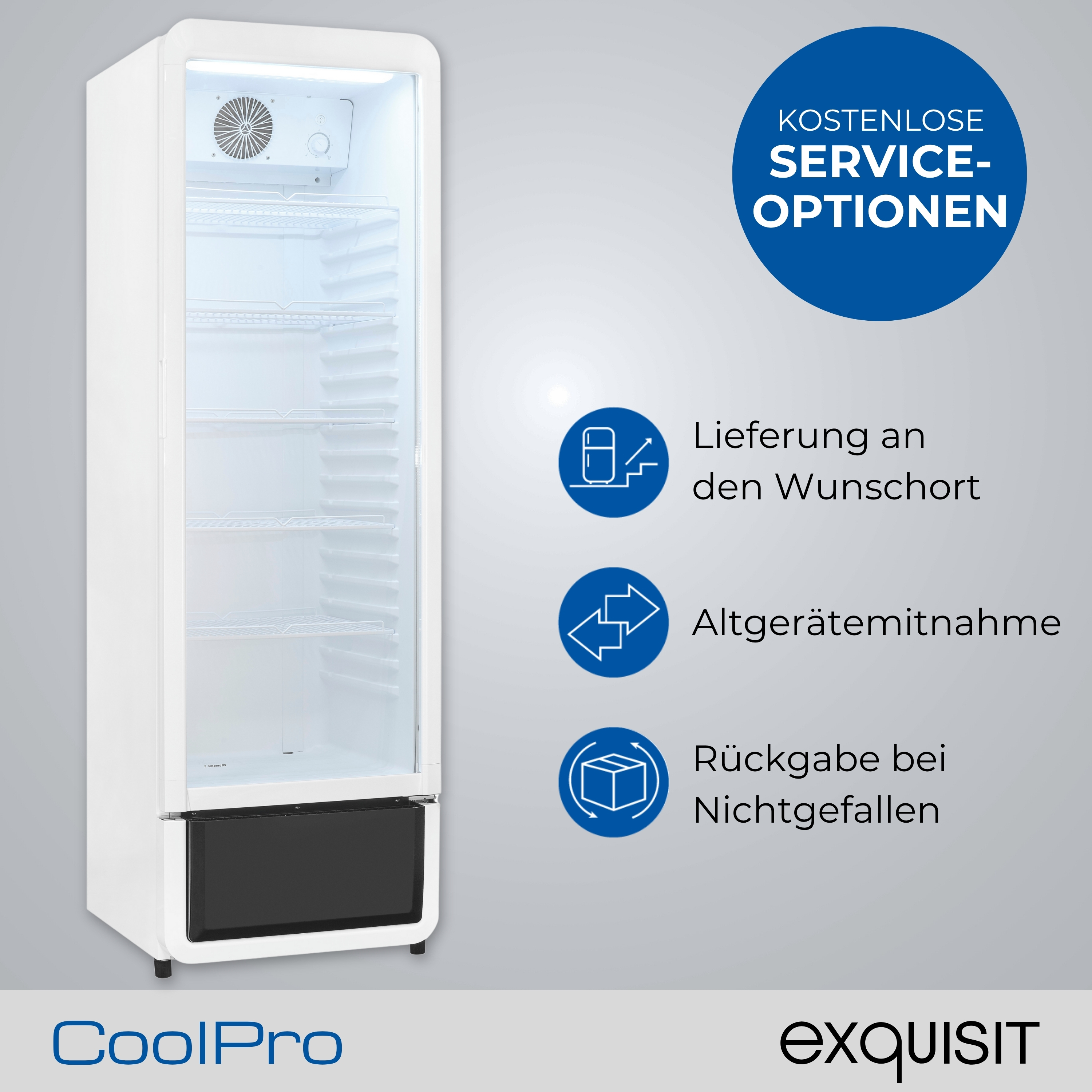 Ein weißer Kühlschrank mit Glastür. Er hat einen schwarzen Sockel und einen Ventilator im Inneren. Text rechts weist auf Serviceoptionen hin.