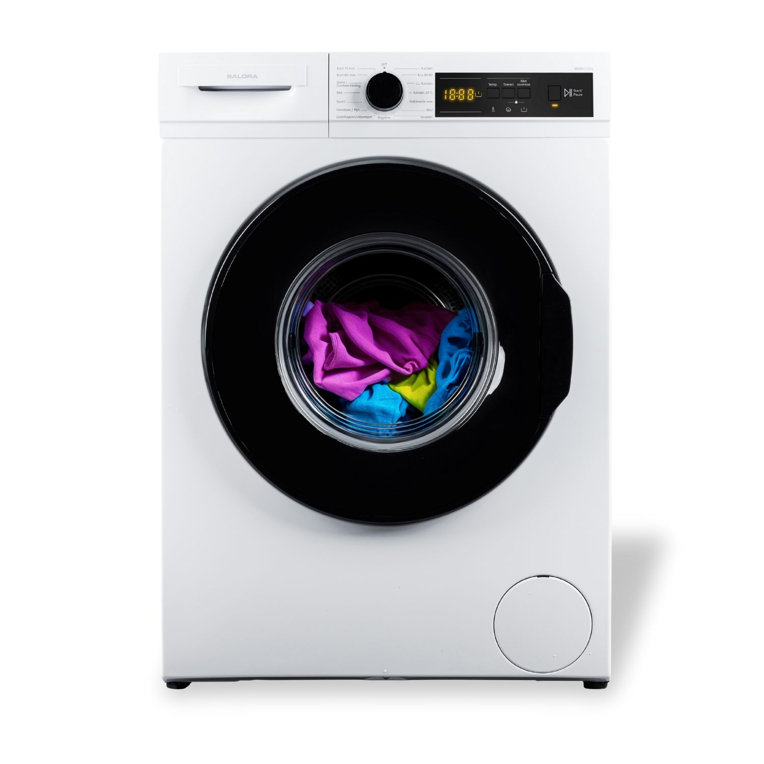 A white washing machine with a black door. Inside the door, colorful clothes are visible. The machine has a digital display.