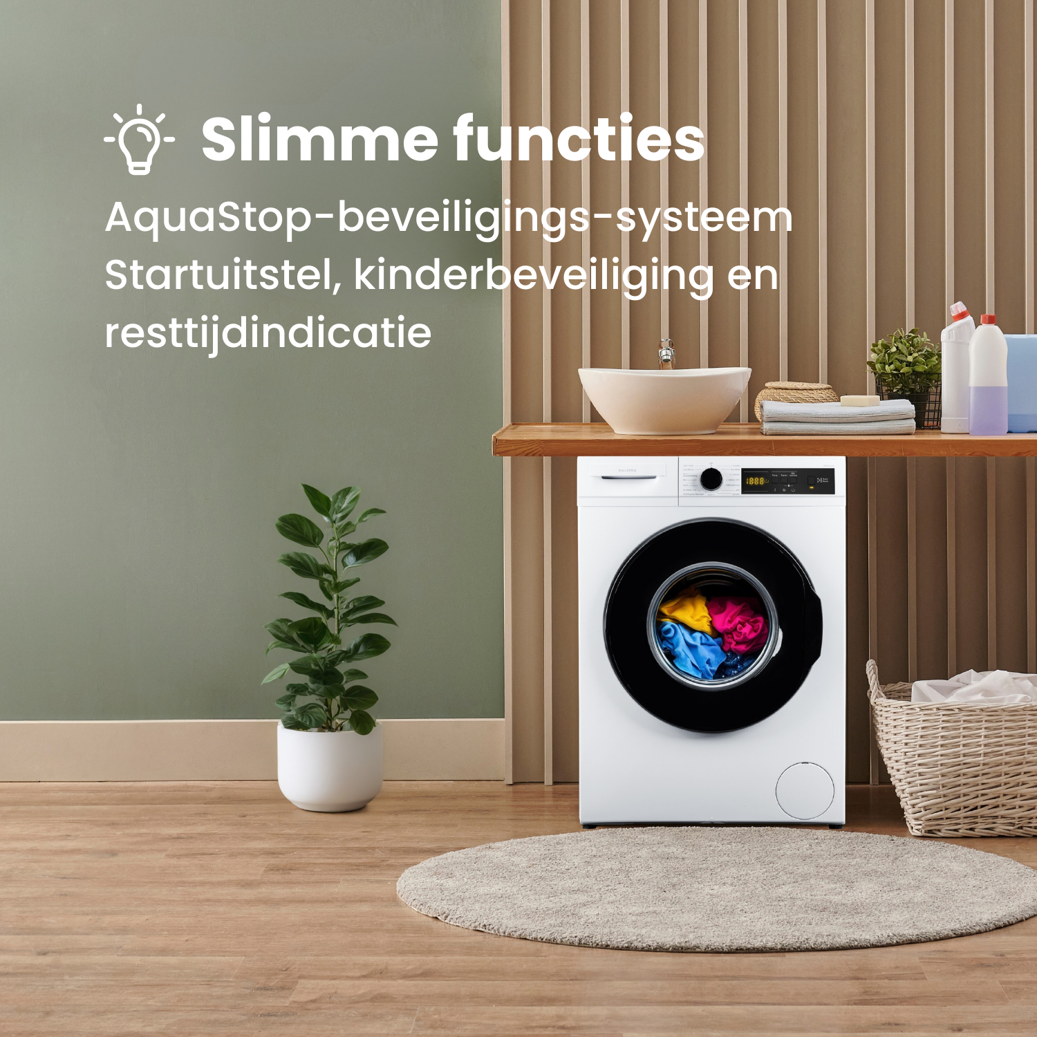 A washing machine with laundry inside. A plant, a sink, and cleaning products are on a wooden shelf. A rug is on the floor.