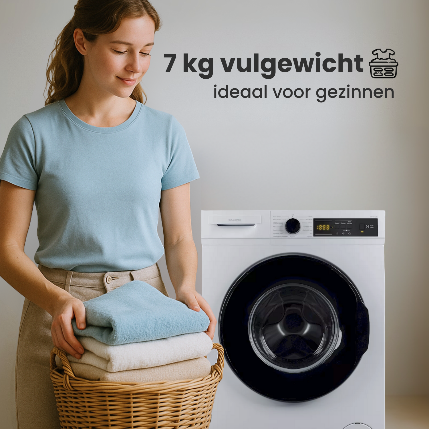 A woman holds a basket of folded towels near a washing machine. Text above says '7 kg'. 