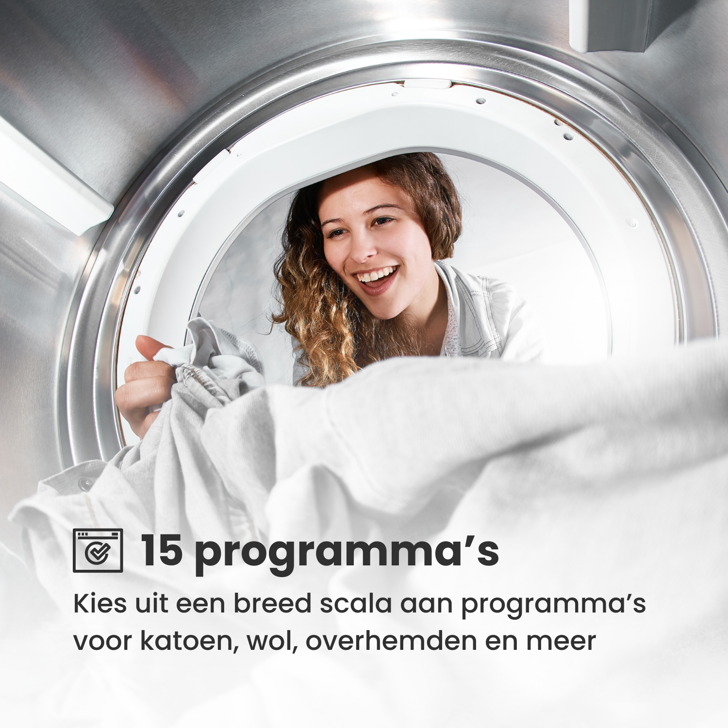 A woman smiles while loading clothes into a washing machine. Text below reads '15 programma's' with program options.