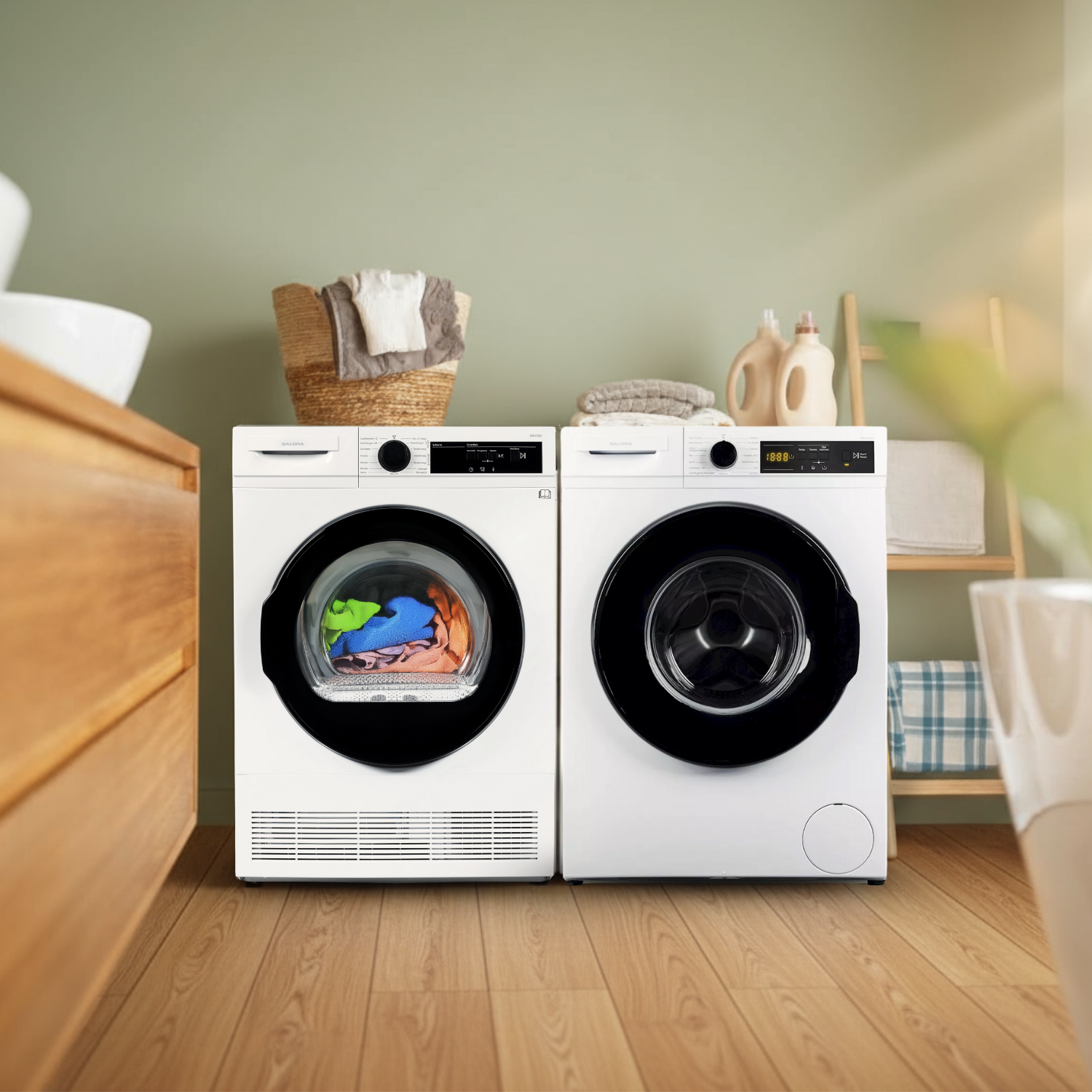 A laundry room with two white washing machines. One is a dryer with clothes inside. A basket of clothes is on the left.