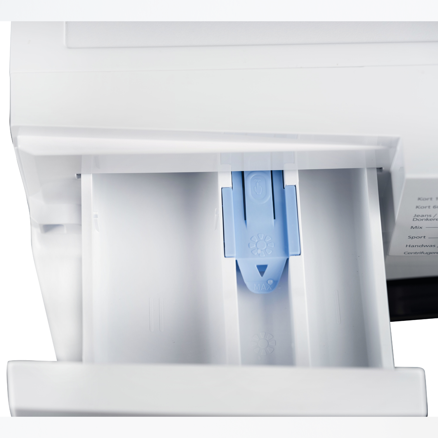 Close-up of a washing machine detergent drawer. It is white with a blue plastic component. The drawer is partially pulled out.