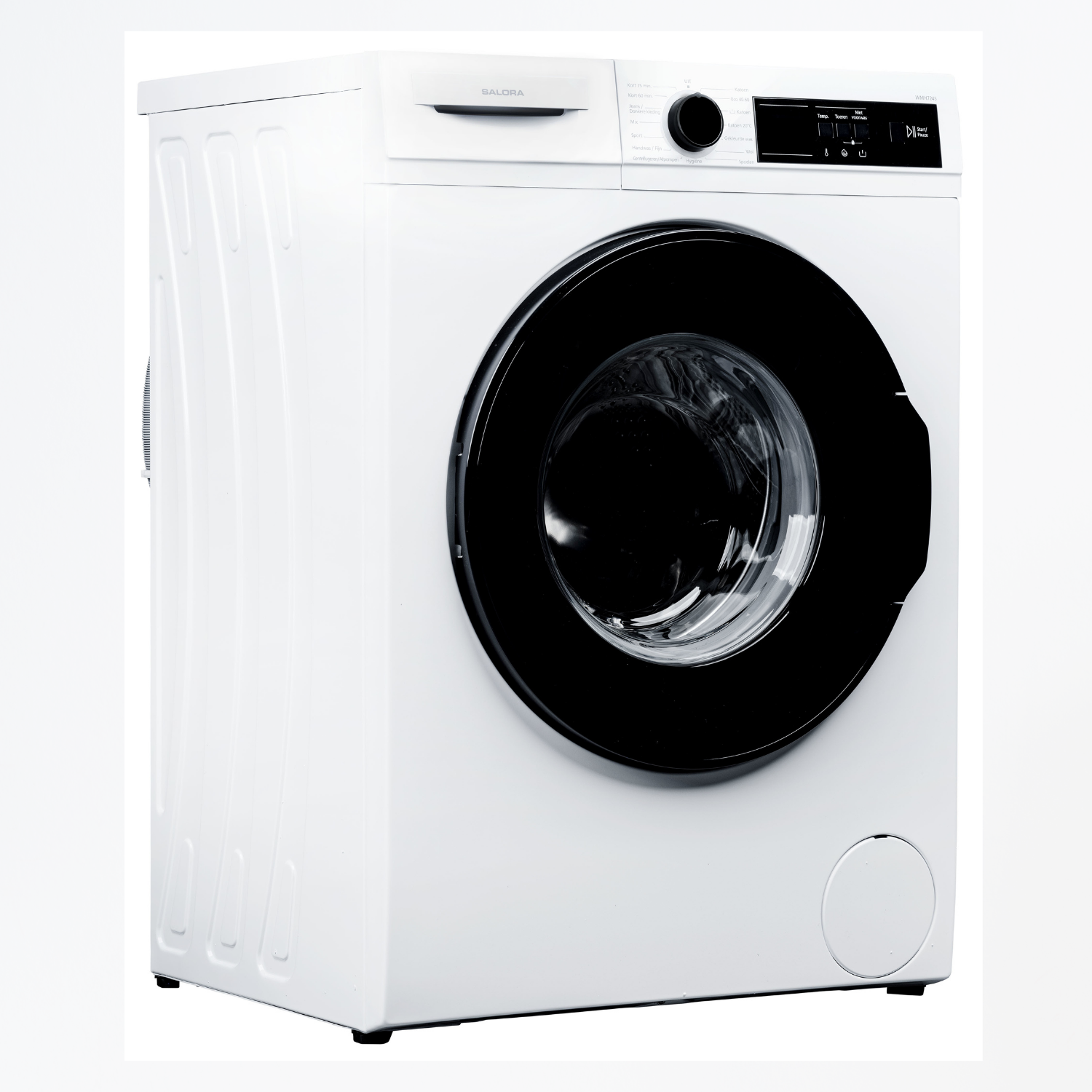 A white washing machine with a black door. It has a control panel and a round door. The brand name is Salora.
