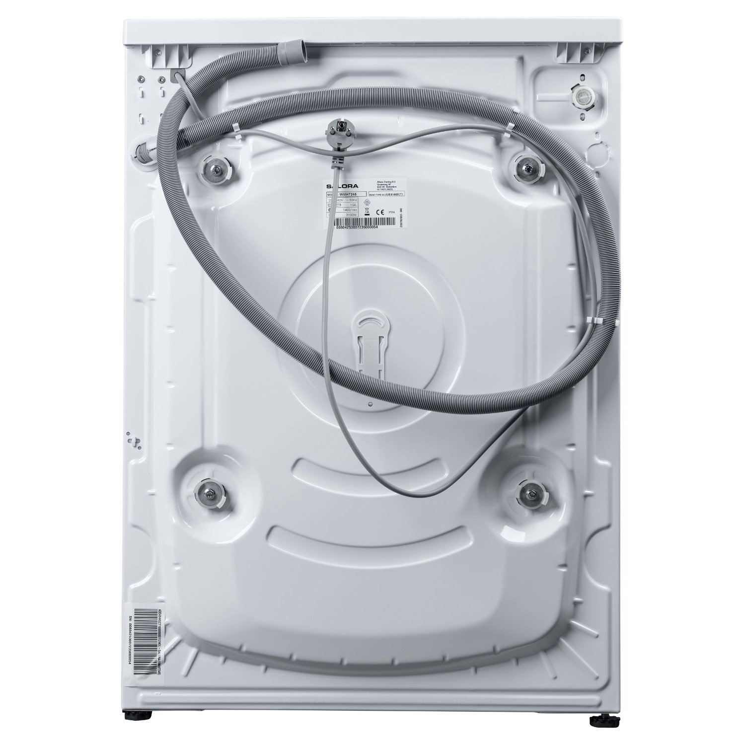 The back of a white washing machine. A gray hose and wires are connected. A label with text is visible. Black feet are at the bottom.