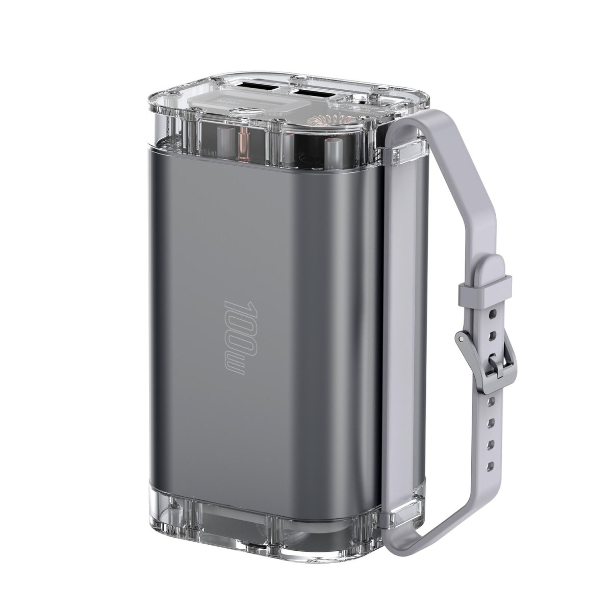 Une batterie externe grise avec des côtés et un dessus en plastique transparent. Elle a une sangle blanche et une boucle argentée. Le texte '100w' est visible.