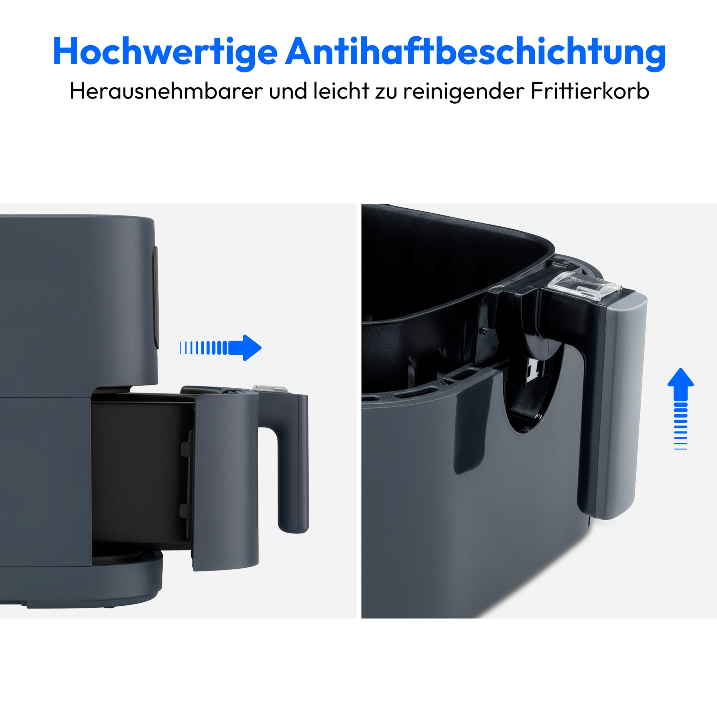 Detail van de airfryer. Toont het uittrekken van de mand, met een pijl. Grijs en zwart kleurenschema.