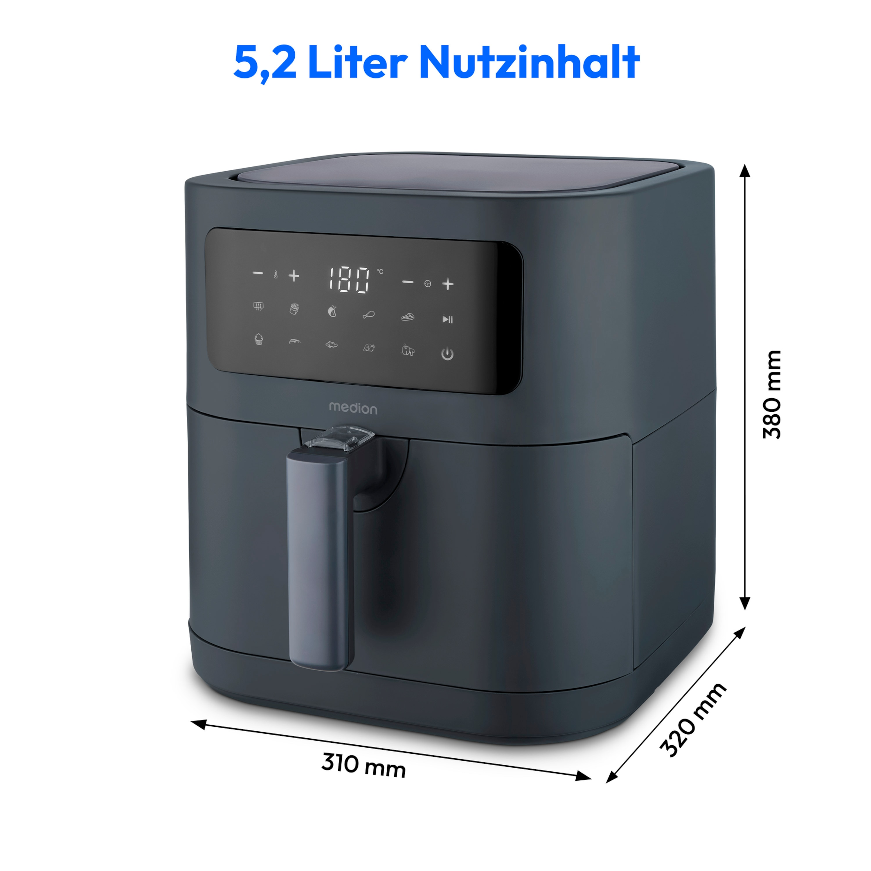 Donkergrijze Medion airfryer met digitaal display van 180°C. Afmetingen: 310x320x380mm. Capaciteit: 5,2L.