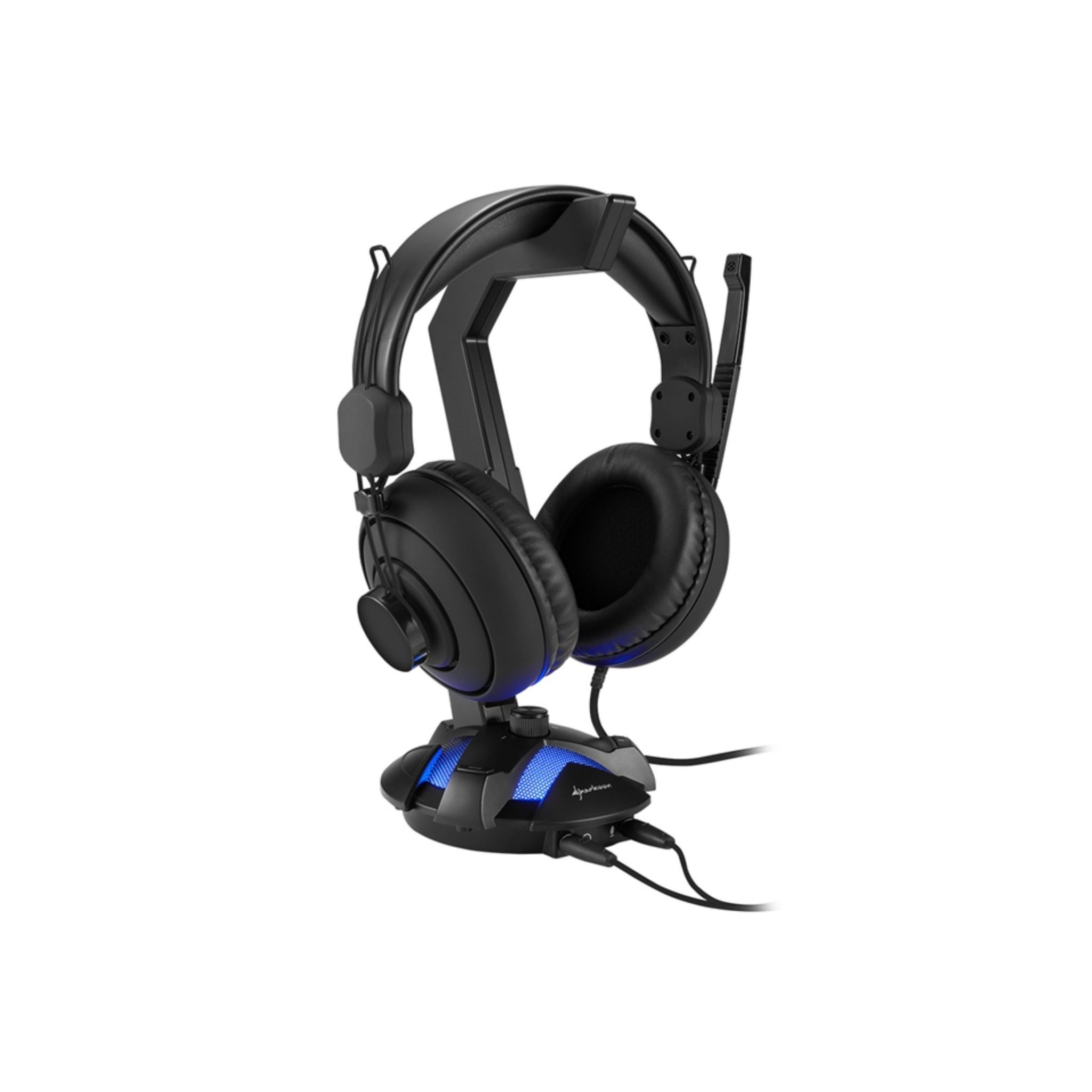 Cuffie da gioco nere su un supporto con luci a LED blu. Include un microfono e cavi collegati.