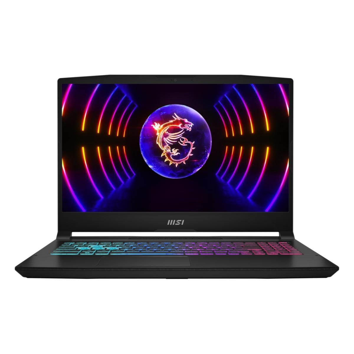 Schwarzer MSI-Laptop mit bunter Tastatur. Der Bildschirm zeigt ein Drachenlogo in einem Kreis mit Neonlichtdesign.