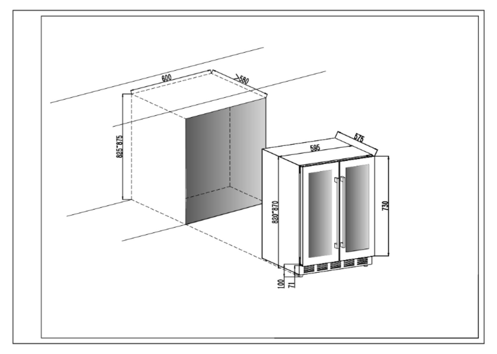Diagramm eines Einbaukühlschranks, Abmessungen beschriftet. Der Kühlschrank hat zwei Türen. Ein leerer Raum daneben hat auch Abmessungen.