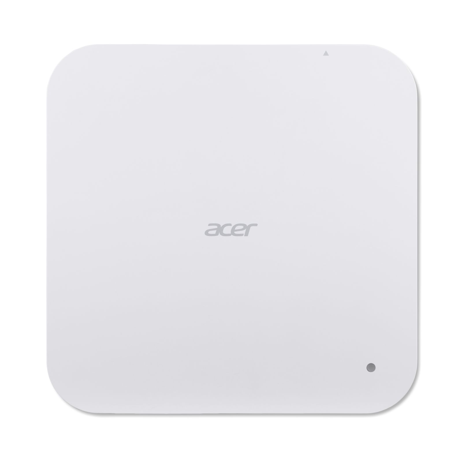 Weißes Acer-Gerät mit abgerundeten Ecken. Hat Acer-Logo, einen kleinen Punkt und ein Dreieckssymbol.