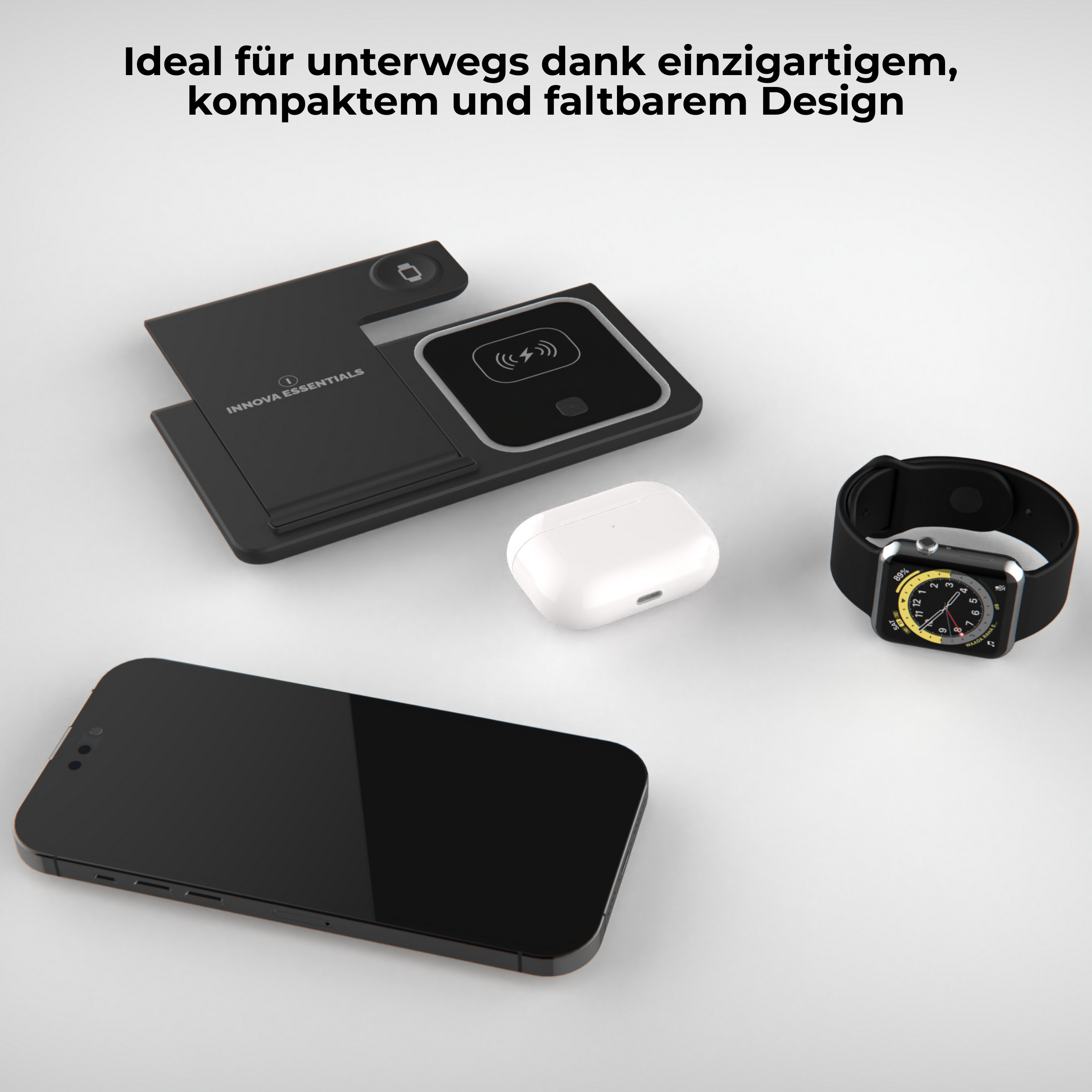 Ein schwarzes Telefon, ein kabelloses Ladegerät, eine Uhr und weiße Ohrhörer auf weißer Oberfläche. Text: 'Ideal für unterwegs'.