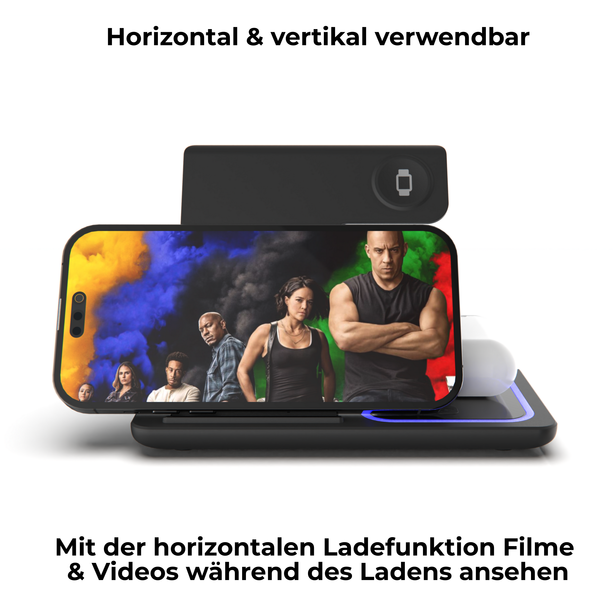 Ein Telefon mit Film auf einer Ladestation. Eine Uhr-Ladegerät und Ohrhörer sind ebenfalls vorhanden.