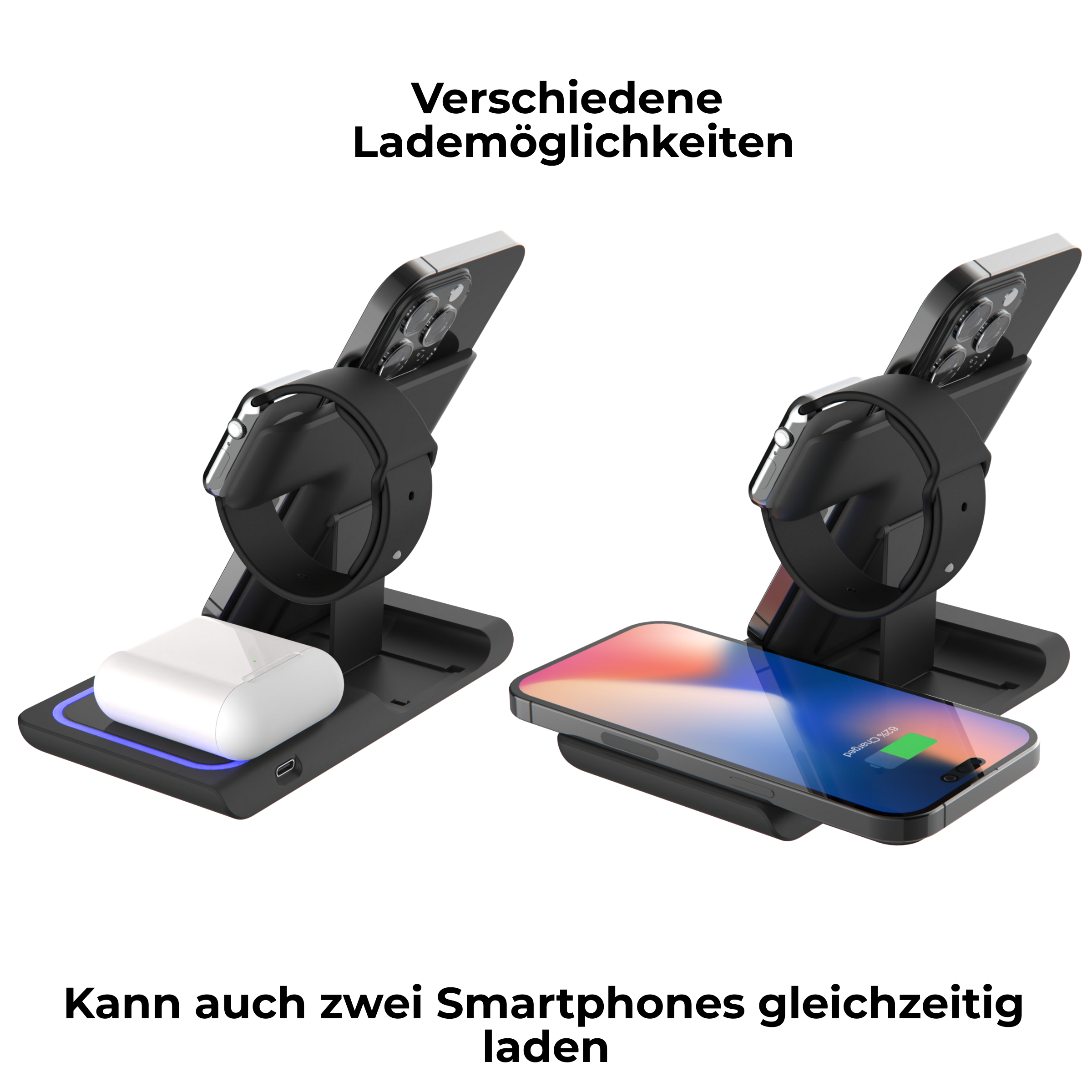 Zwei schwarze Ladeständer mit Telefonen und einer Ohrhörerhülle. Text: Verschiedene Lademöglichkeiten, Kann auch zwei Smartphones gleichzeitig laden.
